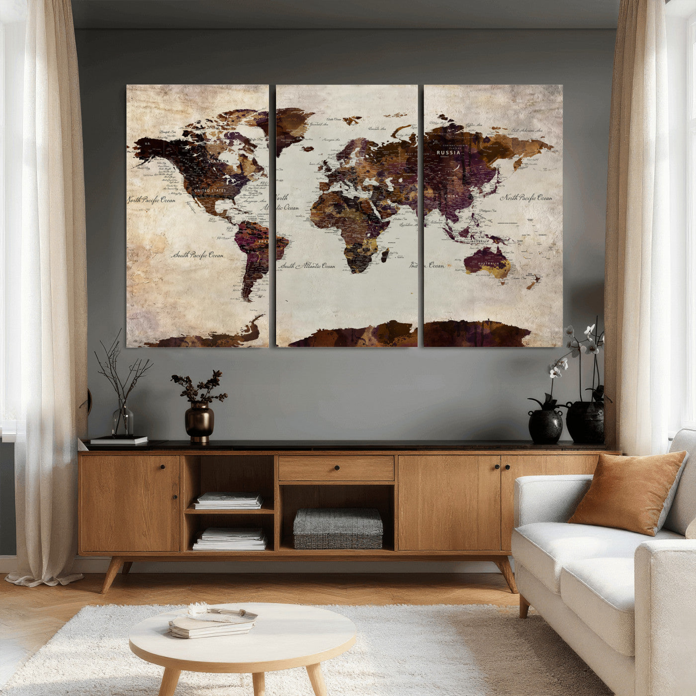 50611123-MGV-CV-36X24 - World Map Canvas Triptych – Colorful Global Wall Art for Living Rooms, Offices, and Study Spaces