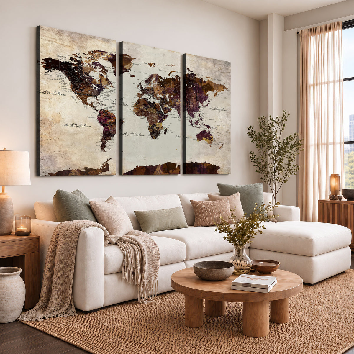 50611123-MGV-CV-36X24 - World Map Canvas Triptych | Colorful Global Wall Art for Living Rooms