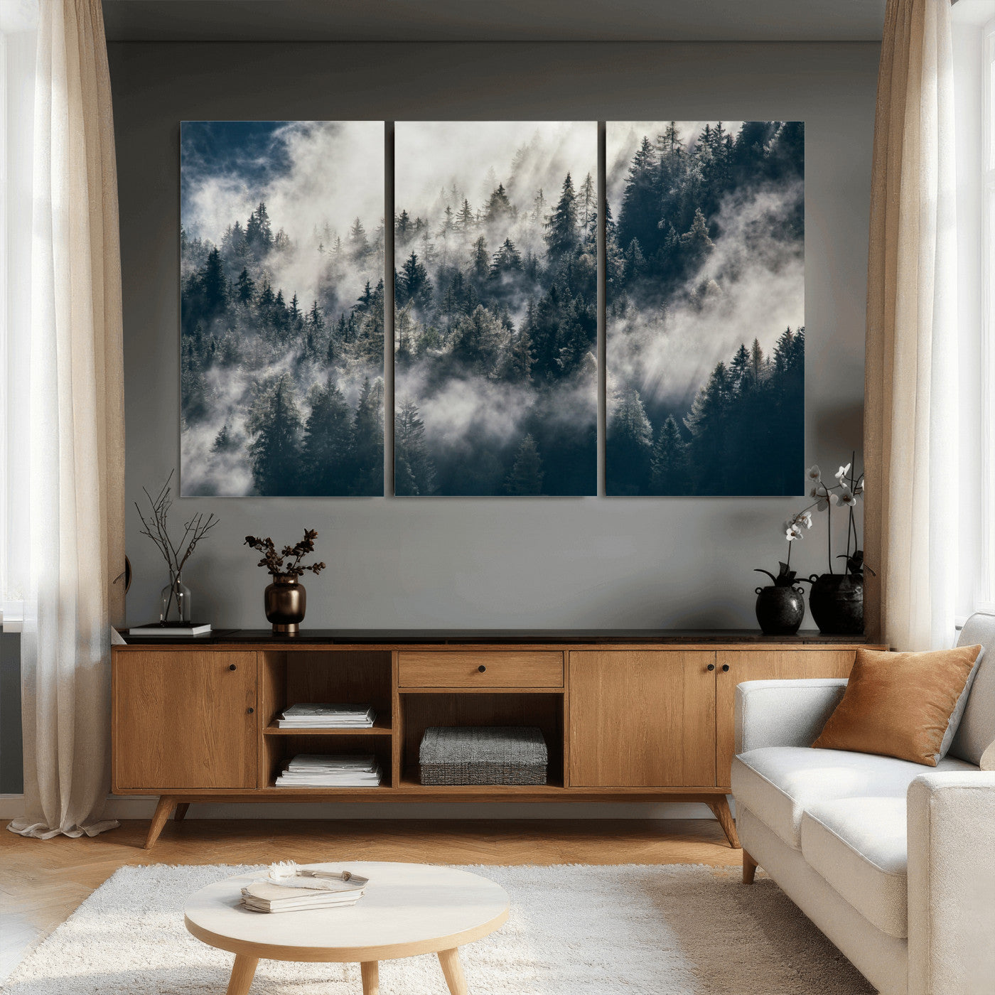 63405824-MGV-CV-36X24 - Foggy Mountain Forest Canvas Print, Misty Pine Trees Nature Wall Art, Framed Canvas Ready to Hang