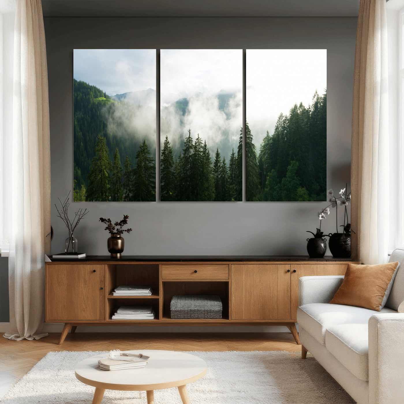 67174129-MGV-CV-36X24 - Misty Mountain Forest Canvas Print, Foggy Pine Trees Nature Wall Art, Framed Canvas Ready to Hang