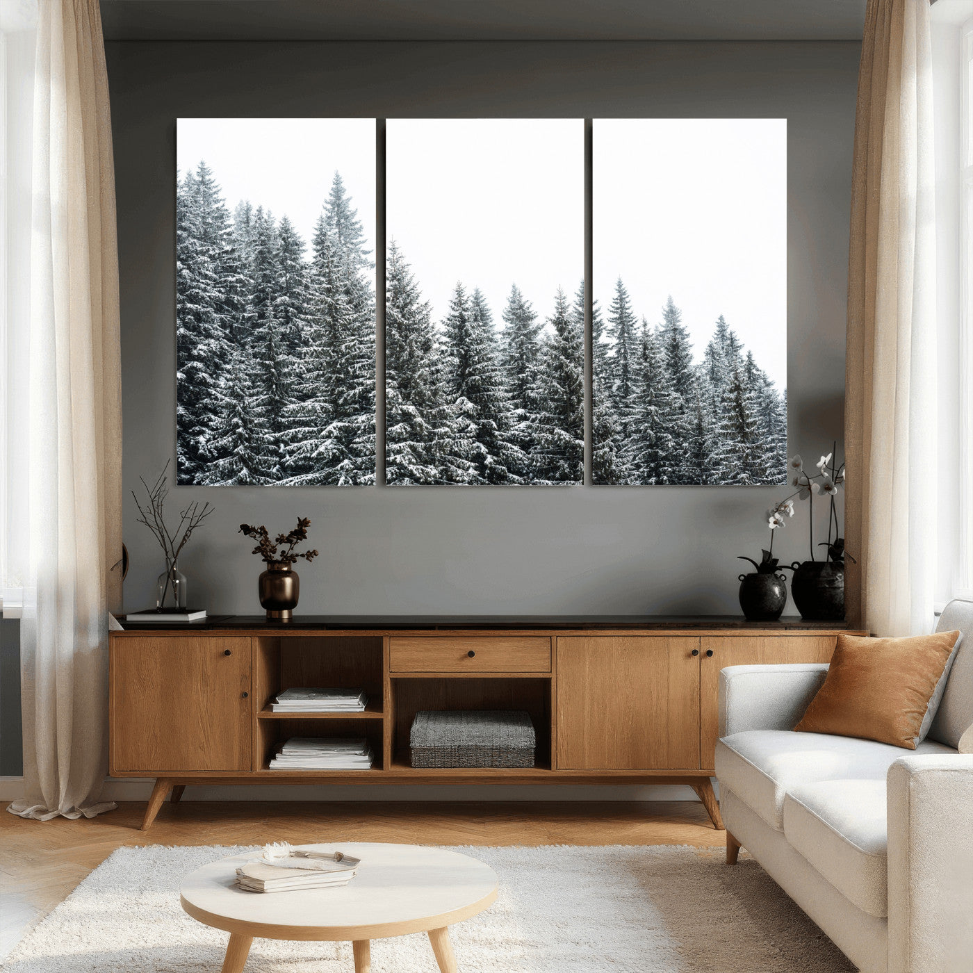 69566941-MGV-CV-36X24 - Misty Mountain Forest Canvas Print, Foggy Pine Trees Nature Wall Art, Framed Canvas Ready to Hang