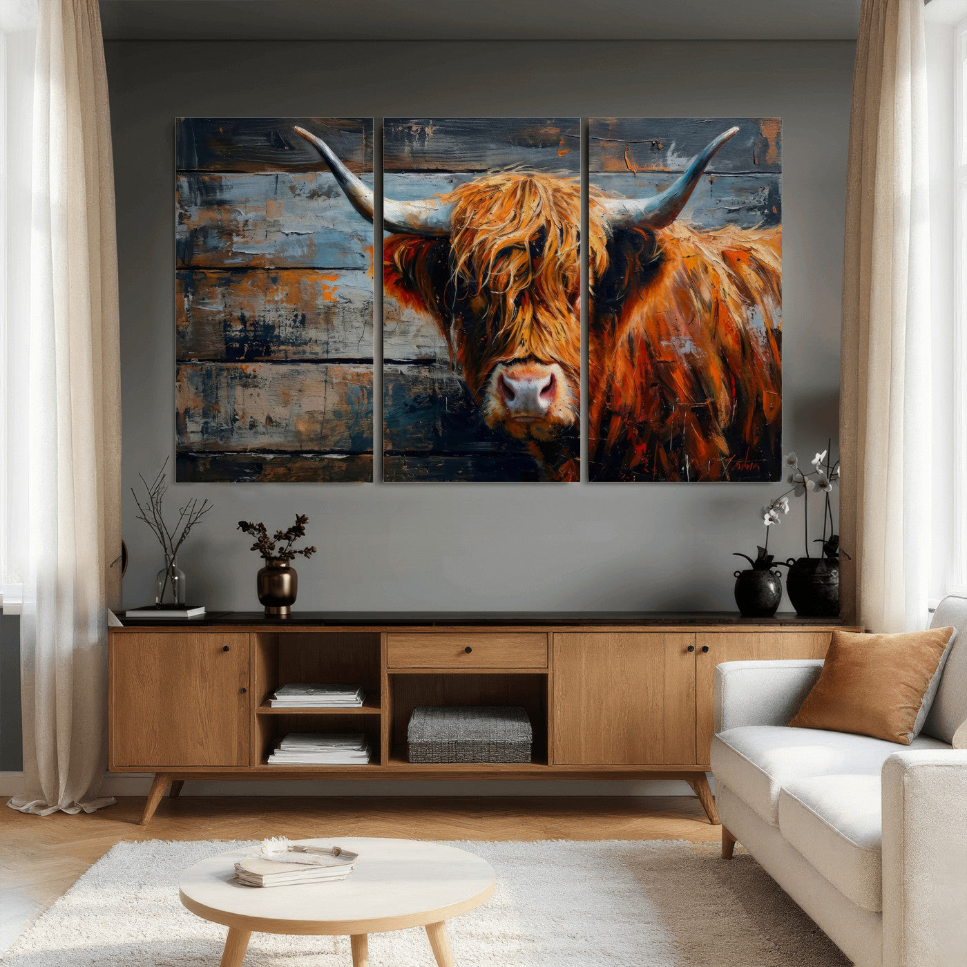 90271423-MGV-CV-36X24 - Highland Cow Wall Art Canvas Print, Abstract Rustic Farm Animal Wall Art Print, Framed Wall Art Ready to Hang