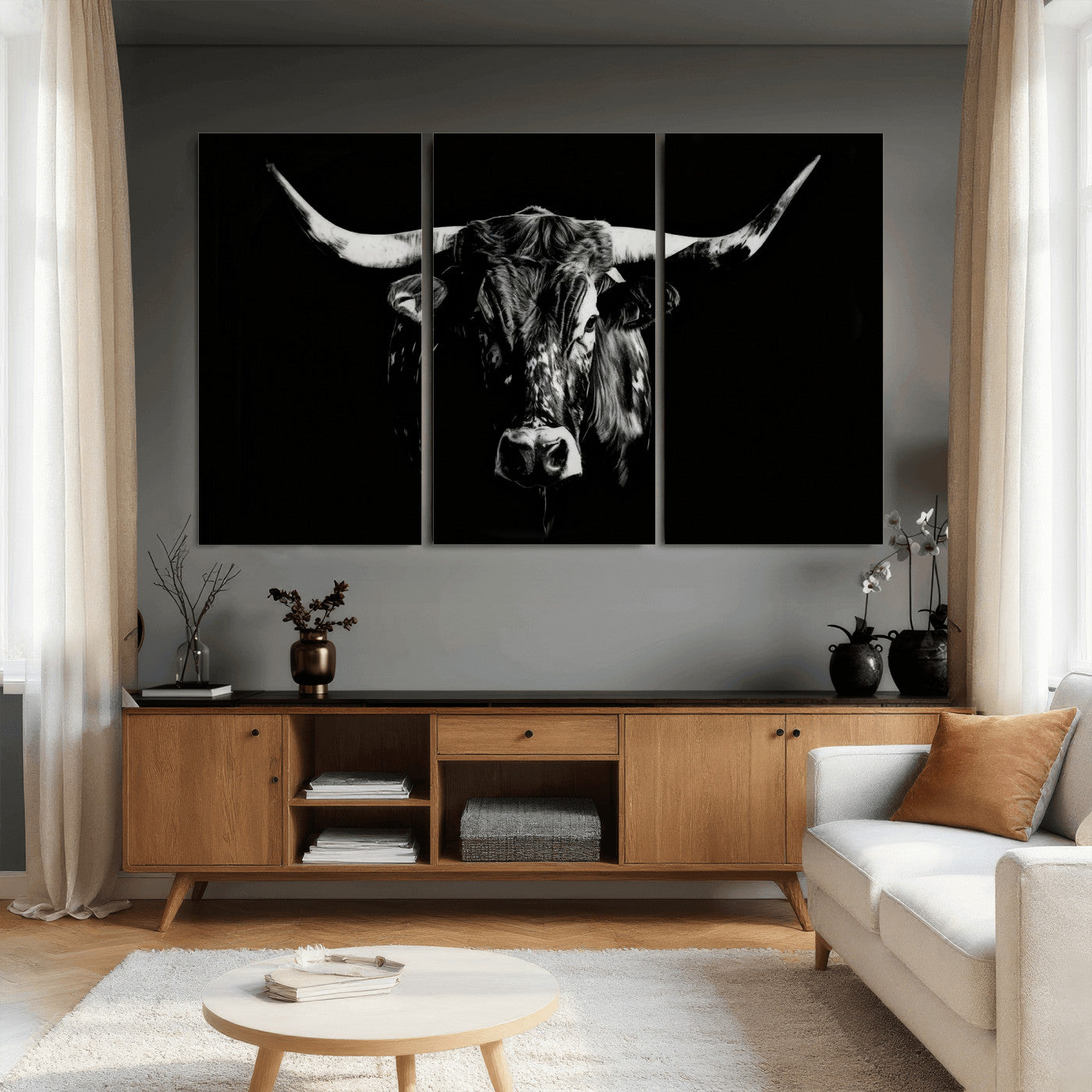 21436434-MGV-CV-36X24 - Black Bull Wall Art Canvas Print, Dark Longhorn Portrait Photography, Framed Wall Art Ready to Hang