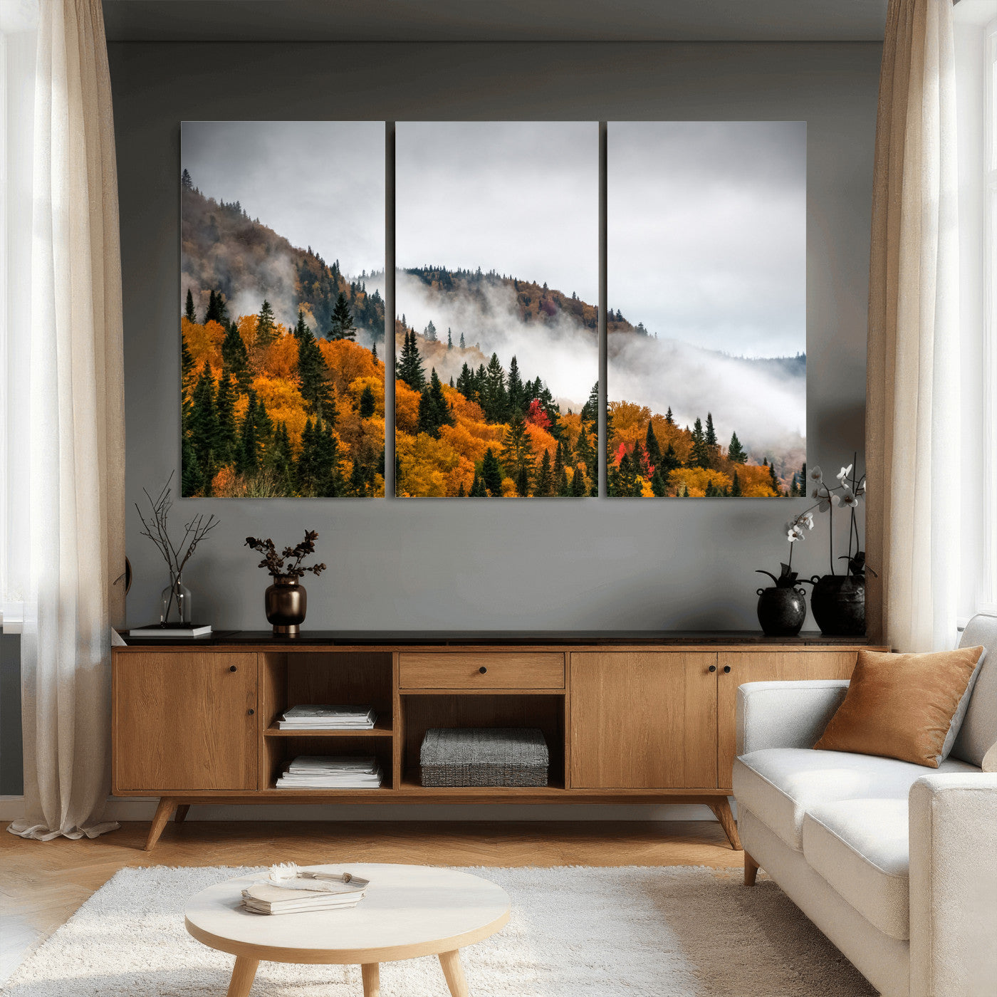 93581632-MGV-CV-36X24 - Autumn Forest Wall Art Canvas Print, Foggy Mountain Landscape Nature Photography, Framed Wall Art Ready to Hang