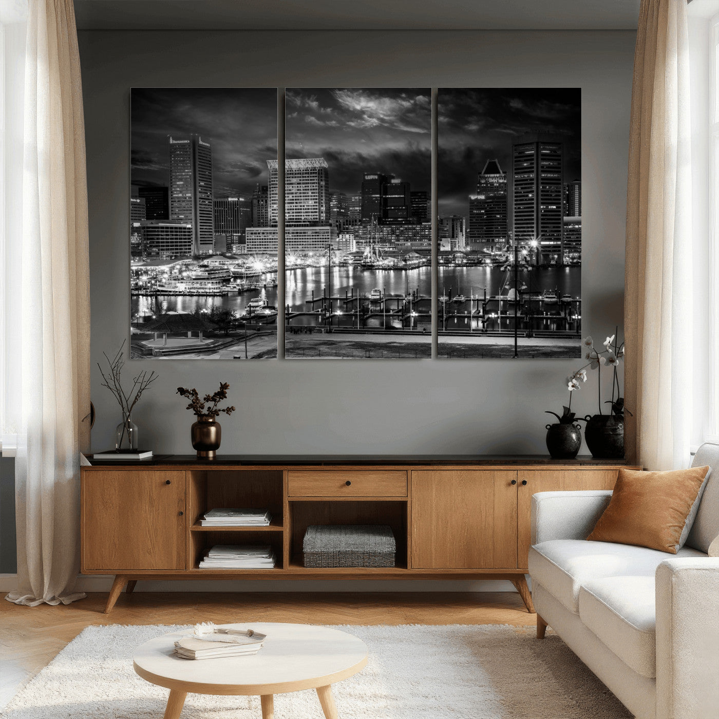 79755655-MGV-CV-36X24 - Baltimore Skyline Wall Art Canvas Print, Baltimore Downtown Night Cityscape Print for Modern Urban Wall Decor