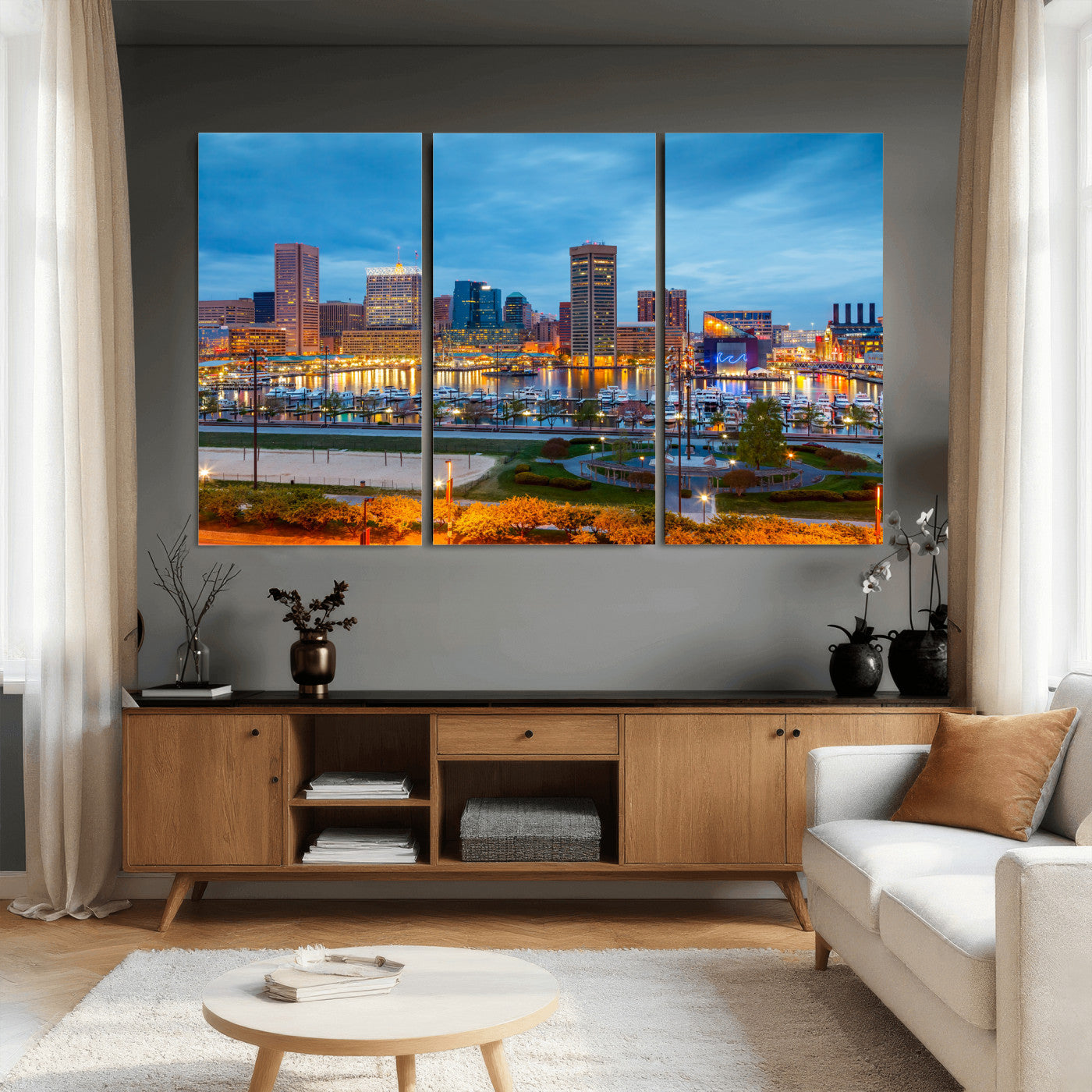 78635089-MGV-CV-36X24 - Baltimore Skyline Wall Art Canvas Print, Baltimore Downtown Night Cityscape Print for Modern Urban Wall Decor