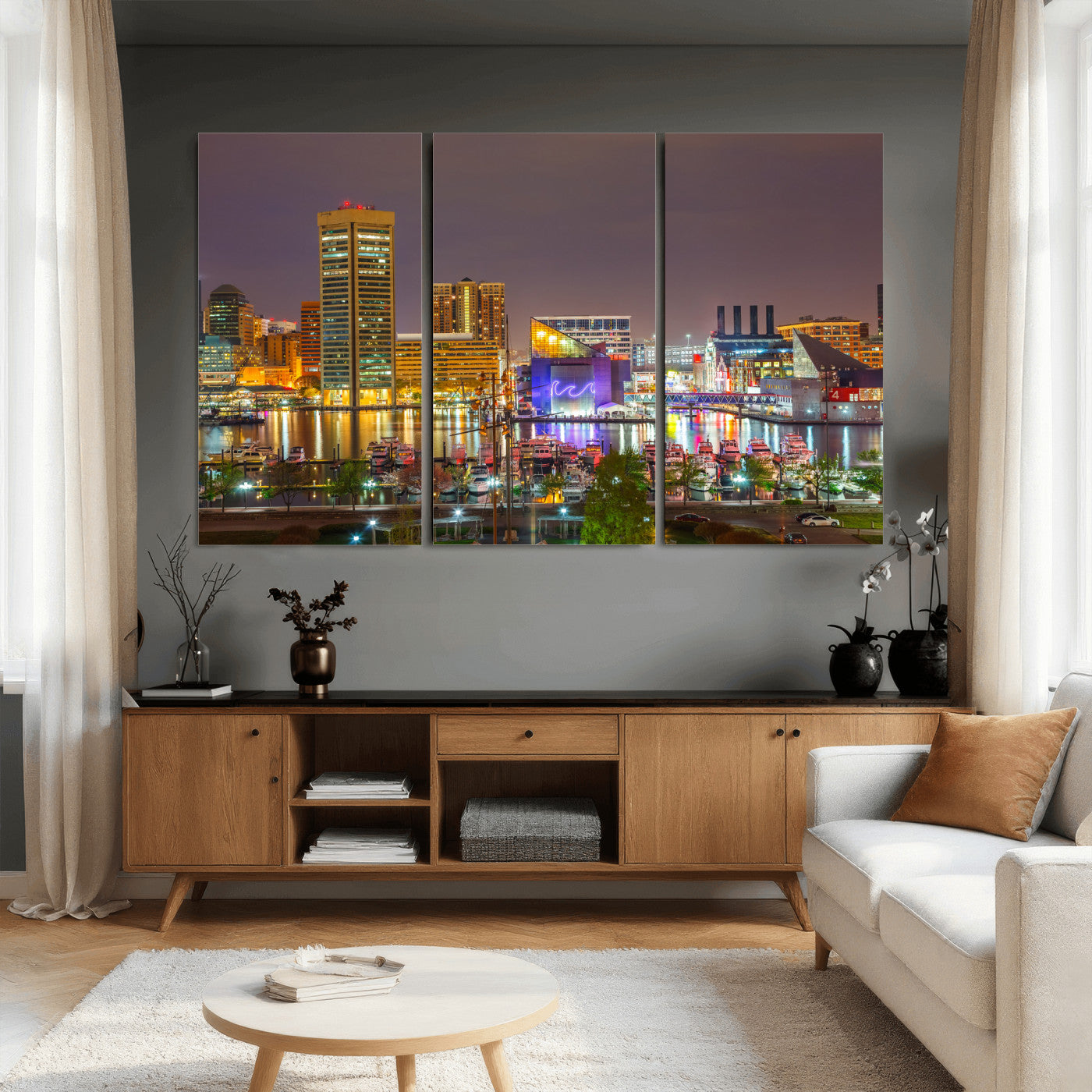 42654823-MGV-CV-36X24 - Baltimore Skyline Wall Art Canvas Print, Baltimore Downtown Night Cityscape Print for Modern Urban Wall Decor