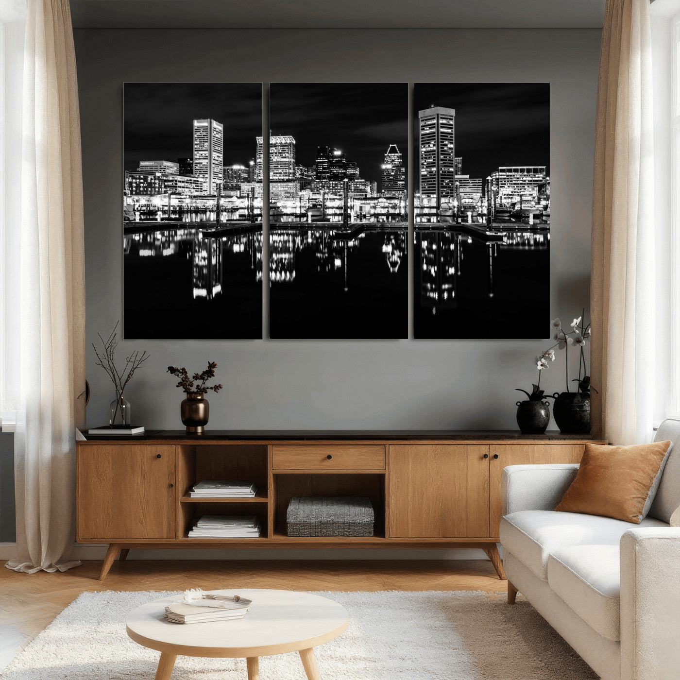 69187681-MGV-CV-36X24 - Baltimore Skyline Wall Art Canvas Print, Baltimore Downtown Night Cityscape Print for Modern Urban Wall Decor