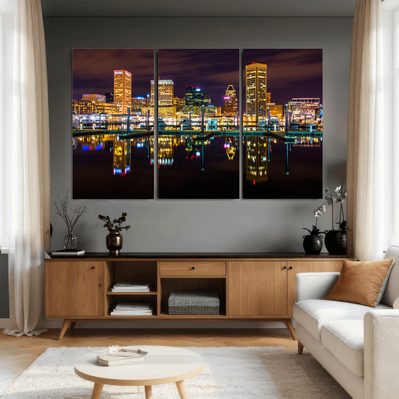 38201692-MGV-CV-36X24 - Baltimore Skyline Wall Art Canvas Print, Baltimore Downtown Night Cityscape Print for Modern Urban Wall Decor
