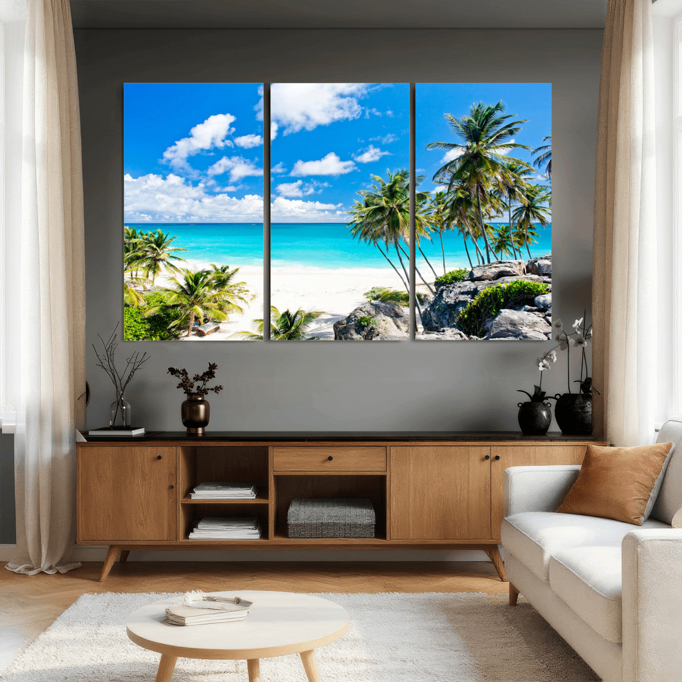 29232878-MGV-CV-36X24 - Barbados Beach Wall Art Canvas Print, Palm Tree Ocean Landscape, Turquoise Sea Coastal Photography, Tropical Island Wall Decor, Framed Ready to Hang