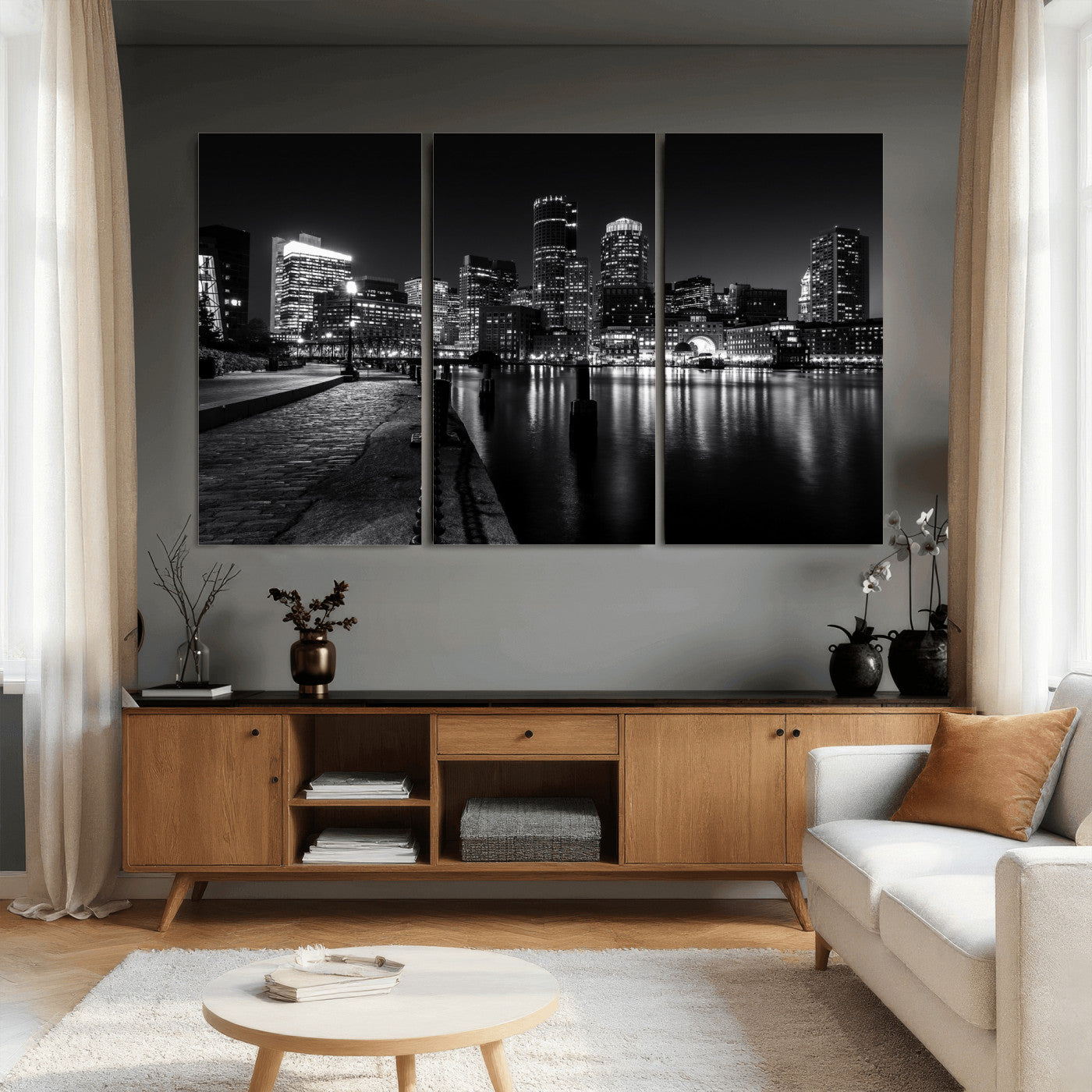 53082656-MGV-CV-36X24 - Boston Wall Art Canvas Print, Boston City Downtown Night Cityscape Print for Modern Urban Wall Decor