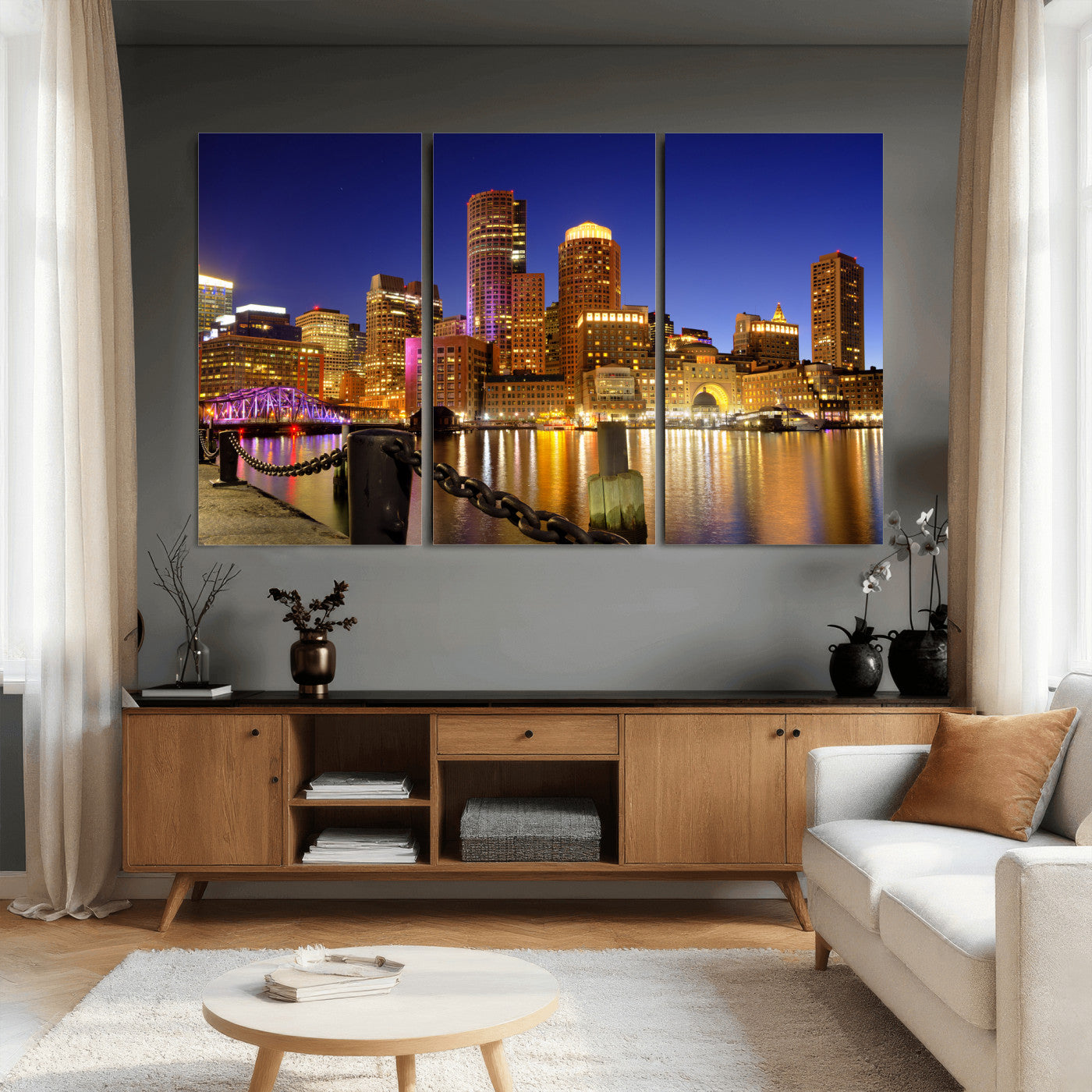 56611117-MGV-CV-36X24 - Boston Wall Art Canvas Print, Boston City Downtown Night Cityscape Print for Modern Urban Wall Decor