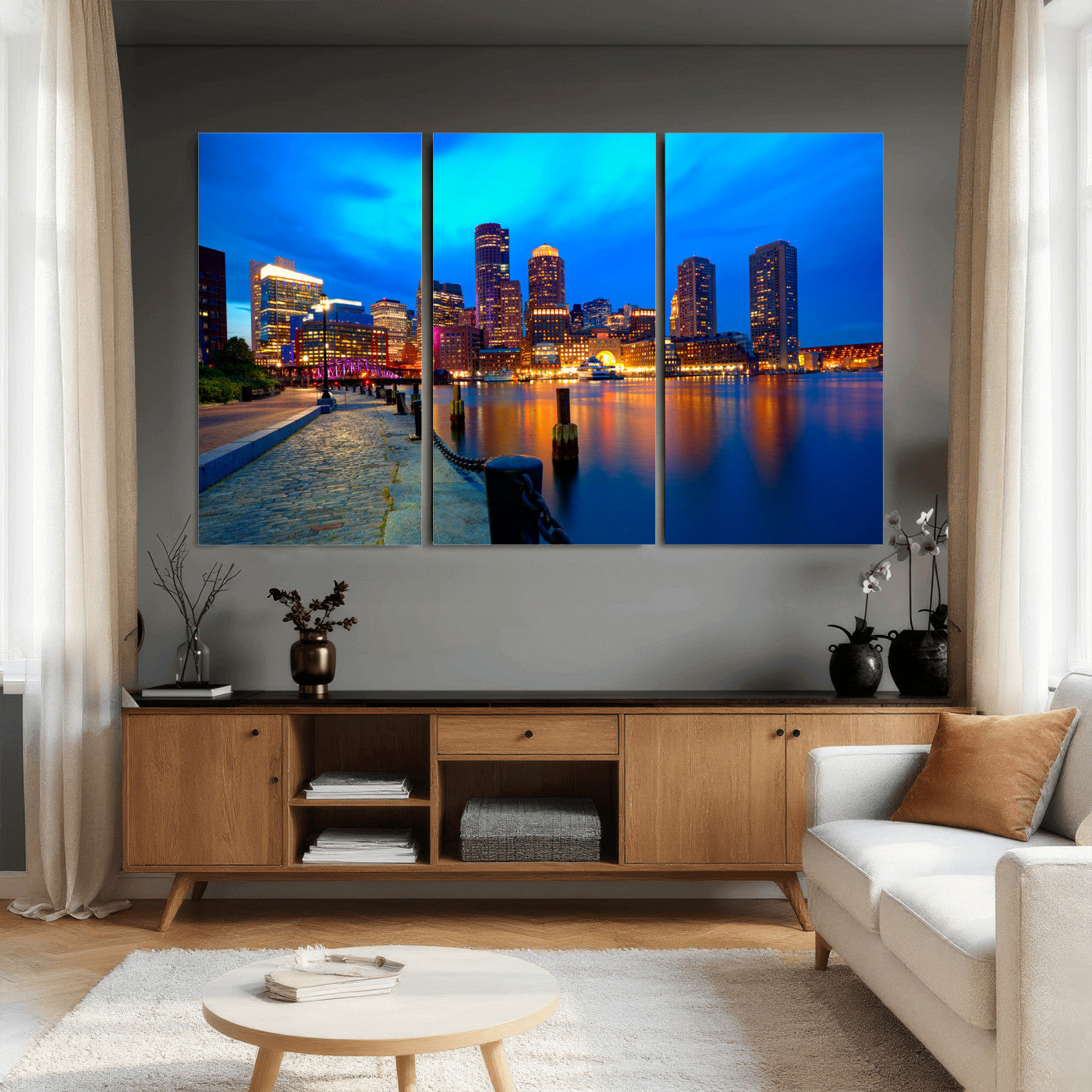 69619565-MGV-CV-36X24 - Boston Wall Art Canvas Print, Boston City Downtown Night Cityscape Print for Modern Urban Wall Decor