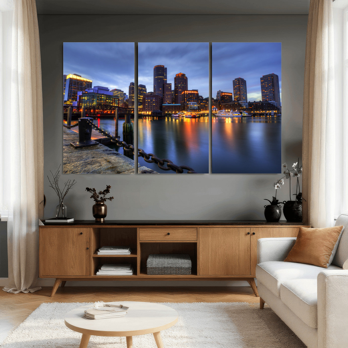 82439622-MGV-CV-36X24 - Boston Wall Art Canvas Print, Boston City Downtown Night Cityscape Print for Modern Urban Wall Decor
