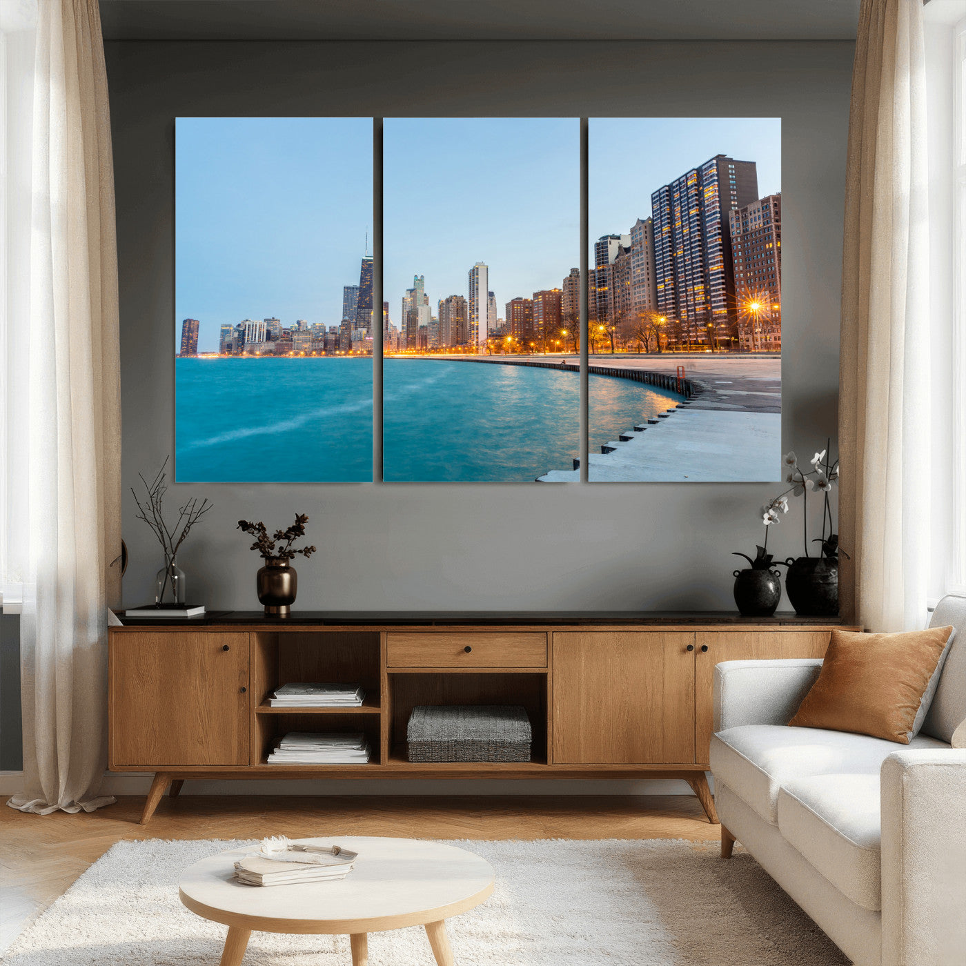 66780141-MGV-CV-36X24 - Chicago Wall Art Canvas Print, Chicago City Downtown Night Cityscape Print for Modern Urban Wall Decor