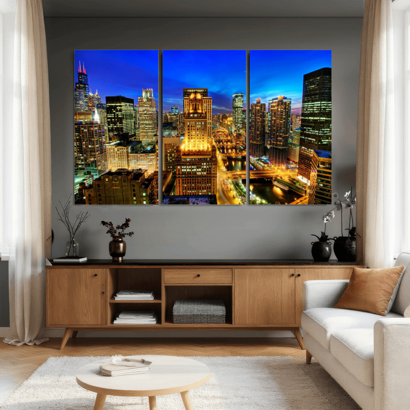 46298885-MGV-CV-36X24 - Chicago Wall Art Canvas Print, Chicago City Downtown Night Cityscape Print for Modern Urban Wall Decor