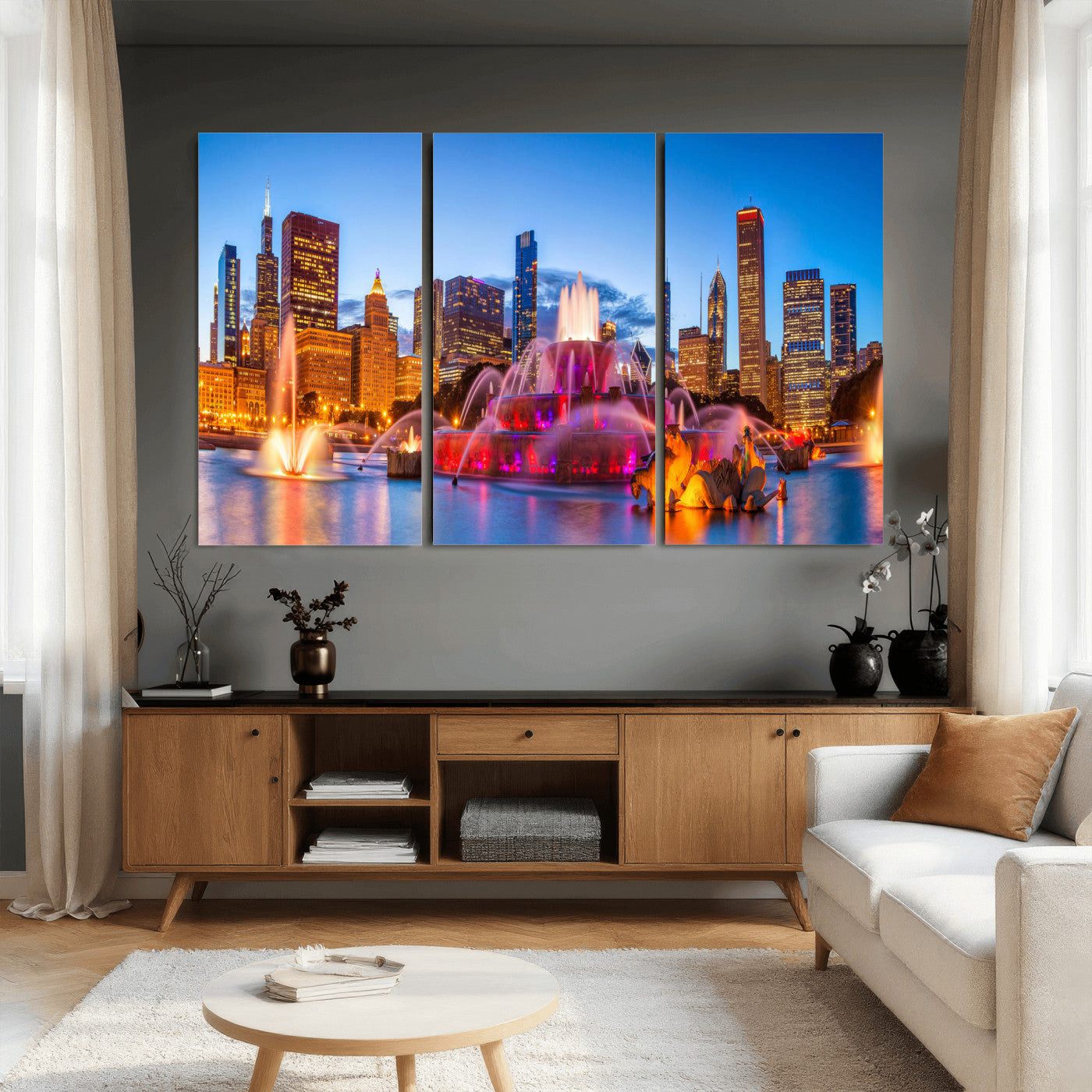 20251989-MGV-CV-36X24 - Chicago Wall Art Canvas Print, Chicago City Downtown Night Cityscape Print for Modern Urban Wall Decor