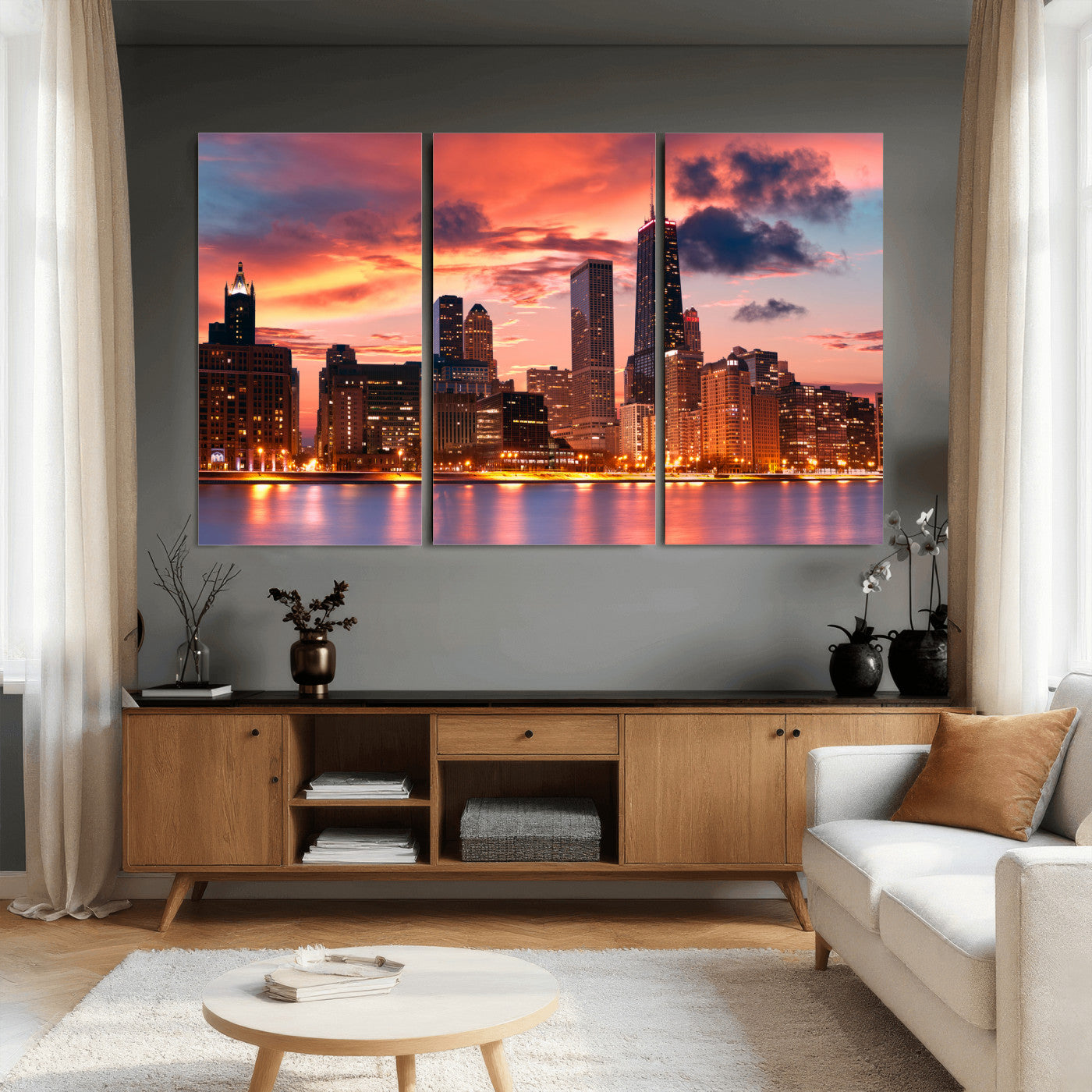 80390109-MGV-CV-36X24 - Chicago Wall Art Canvas Print, Chicago City Downtown Night Cityscape Print for Modern Urban Wall Decor