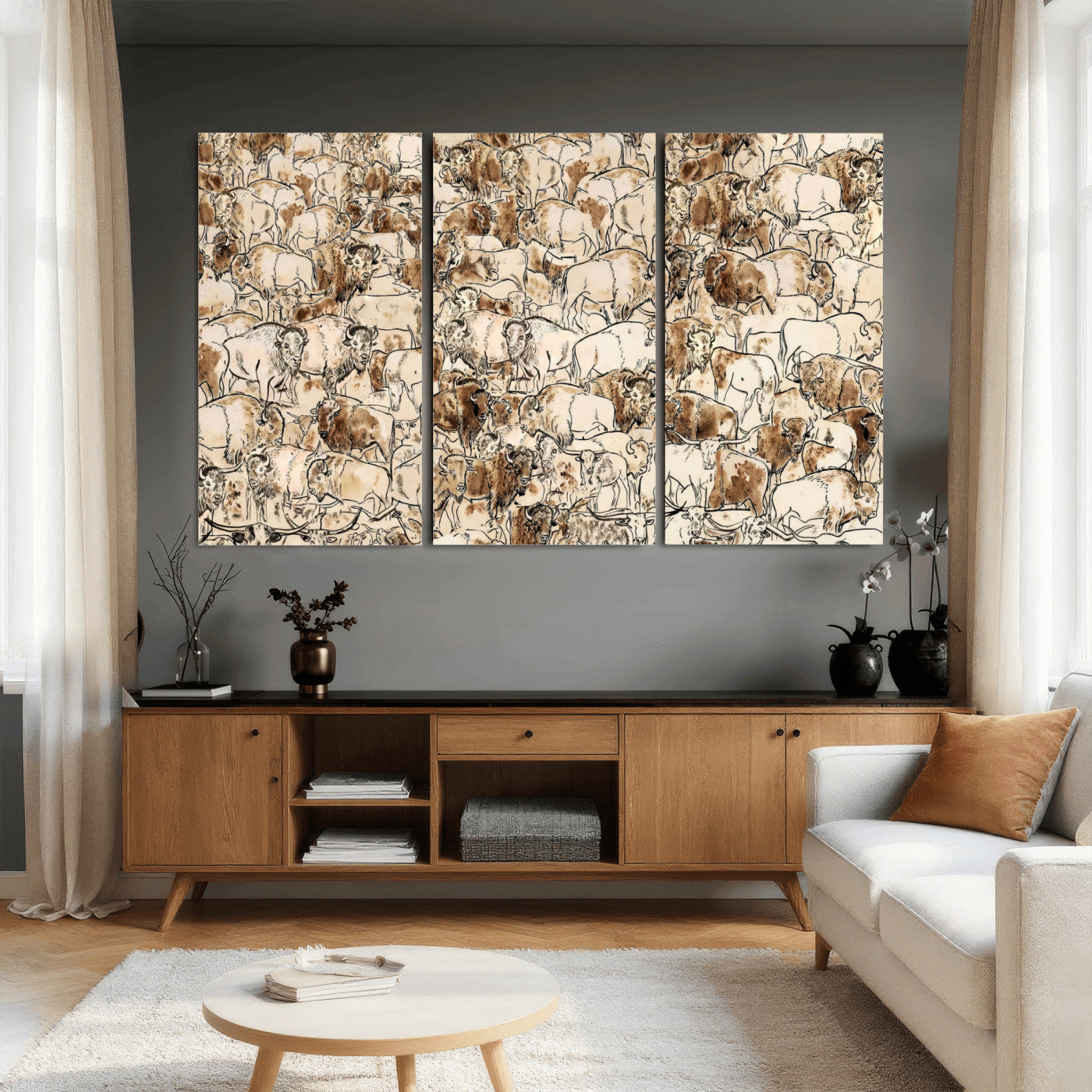 50142019-MGV-CV-36X24 - Farmhouse Animals Wall Art Canvas Print - Abstract Farm Animal Drawing Mid-Century Wall Art for Cabin Decor