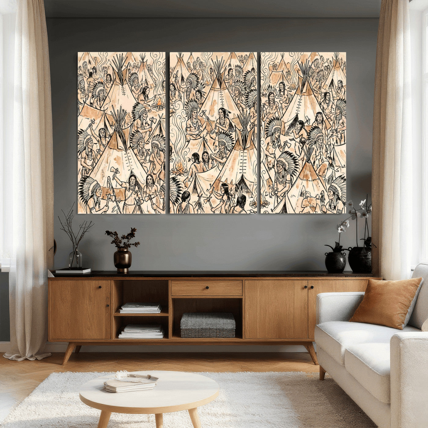 72739176-MGV-CV-36X24 - Farmhouse Animals Wall Art Canvas Print - Abstract Farm Animal Drawing Mid-Century Wall Art for Cabin Decor