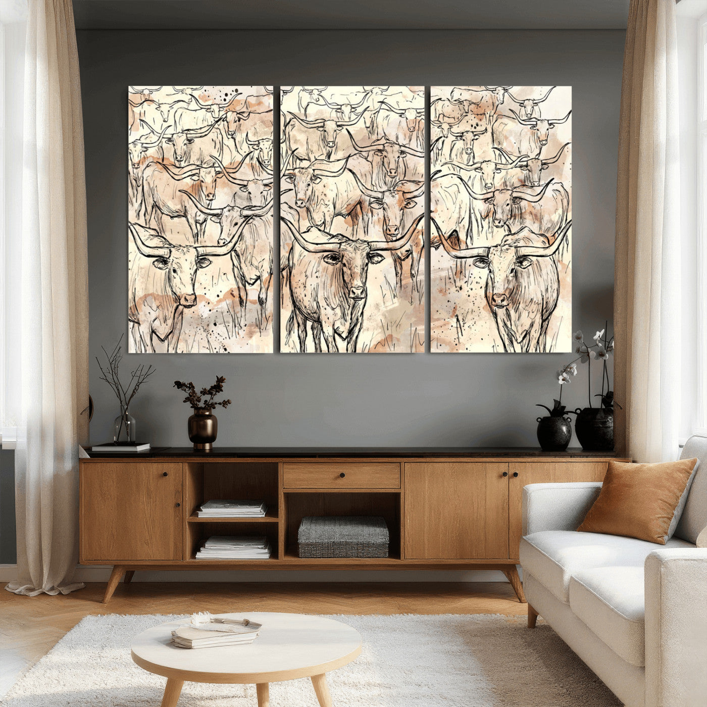 94055403-MGV-CV-36X24 - Farmhouse Animals Wall Art Canvas Print - Abstract Farm Animal Drawing Mid-Century Wall Art for Cabin Decor