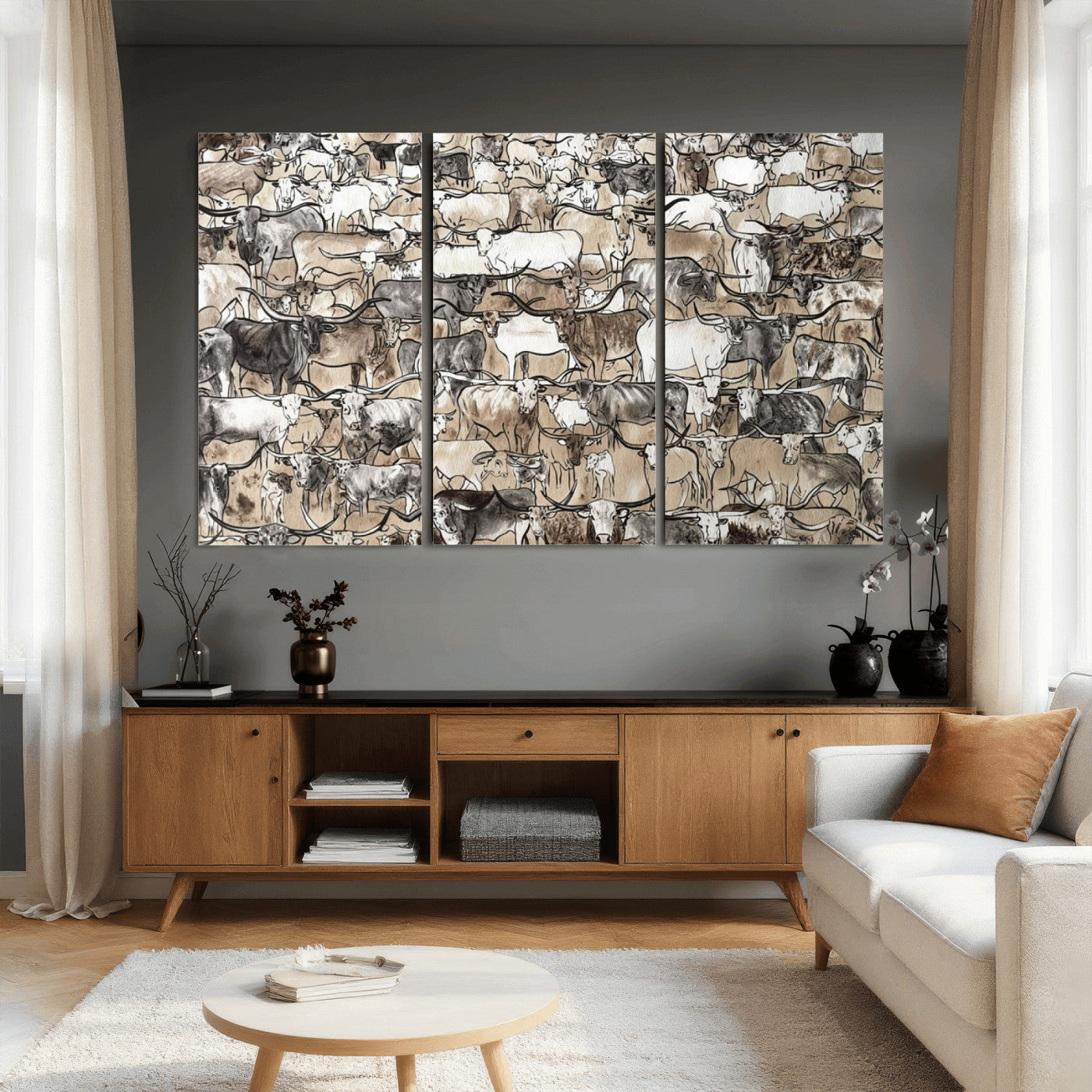 64368752-MGV-CV-36X24 - Farmhouse Animals Wall Art Canvas Print - Abstract Farm Animal Drawing Mid-Century Wall Art for Cabin Decor