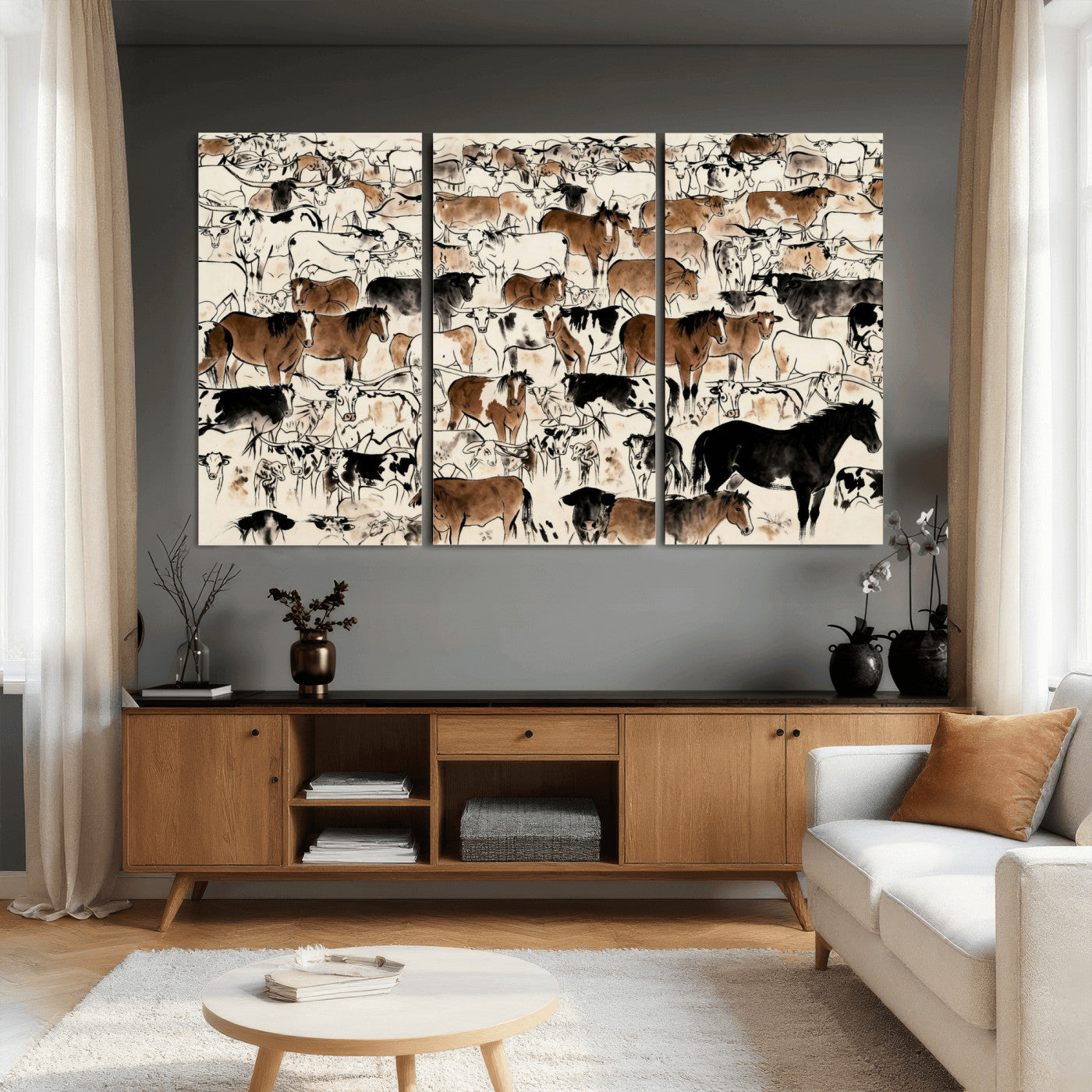 86150485-MGV-CV-36X24 - Farmhouse Animals Wall Art Canvas Print - Abstract Farm Animal Drawing Mid-Century Wall Art for Cabin Decor