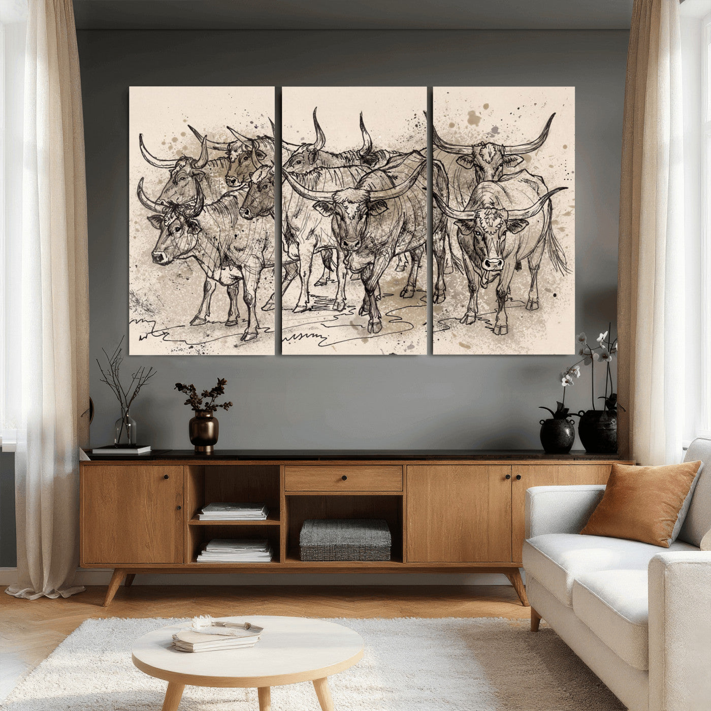 74232558-MGV-CV-36X24 - Farmhouse Animals Wall Art Canvas Print - Abstract Farm Animal Drawing Mid-Century Wall Art for Cabin Decor
