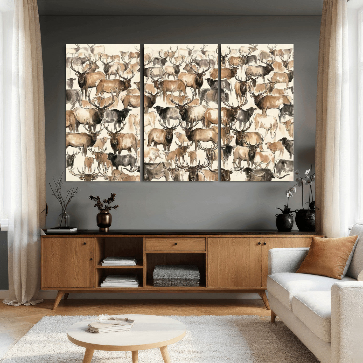 24374881-MGV-CV-36X24 - Farmhouse Animals Wall Art Canvas Print - Abstract Farm Animal Drawing Mid-Century Wall Art for Cabin Decor