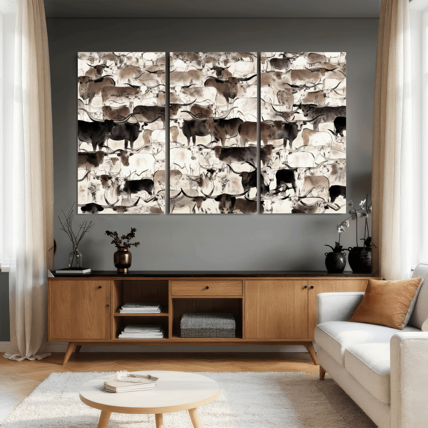 46084312-MGV-CV-36X24 - Farmhouse Animals Wall Art Canvas Print - Abstract Farm Animal Drawing Mid-Century Wall Art for Cabin Decor