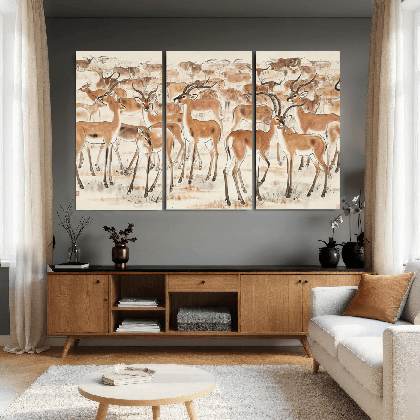 67375088-MGV-CV-36X24 - Farmhouse Animals Wall Art Canvas Print - Abstract Farm Animal Drawing Mid-Century Wall Art for Cabin Decor