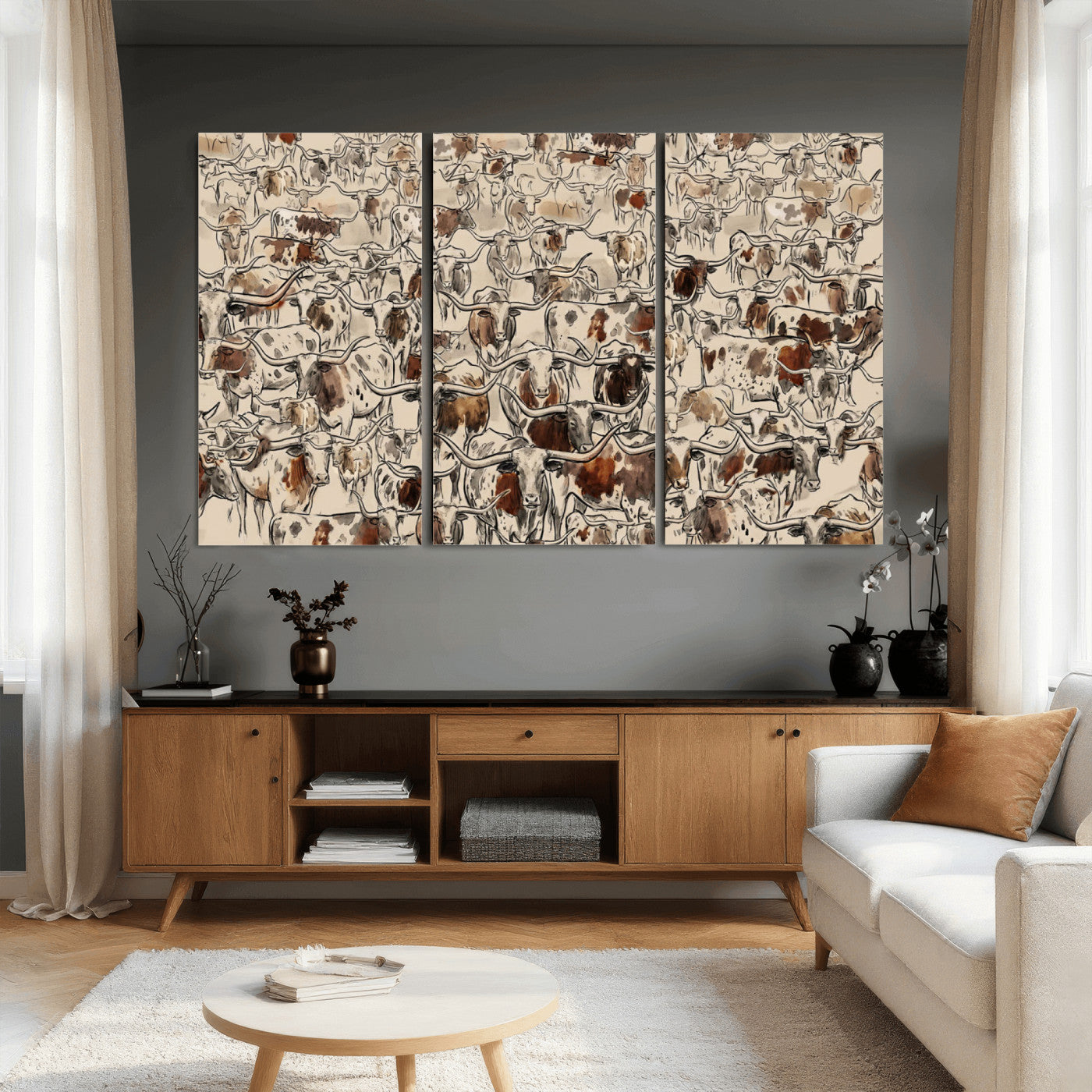 94808502-MGV-CV-36X24 - Farmhouse Animals Wall Art Canvas Print - Abstract Farm Animal Drawing Mid-Century Wall Art for Cabin Decor