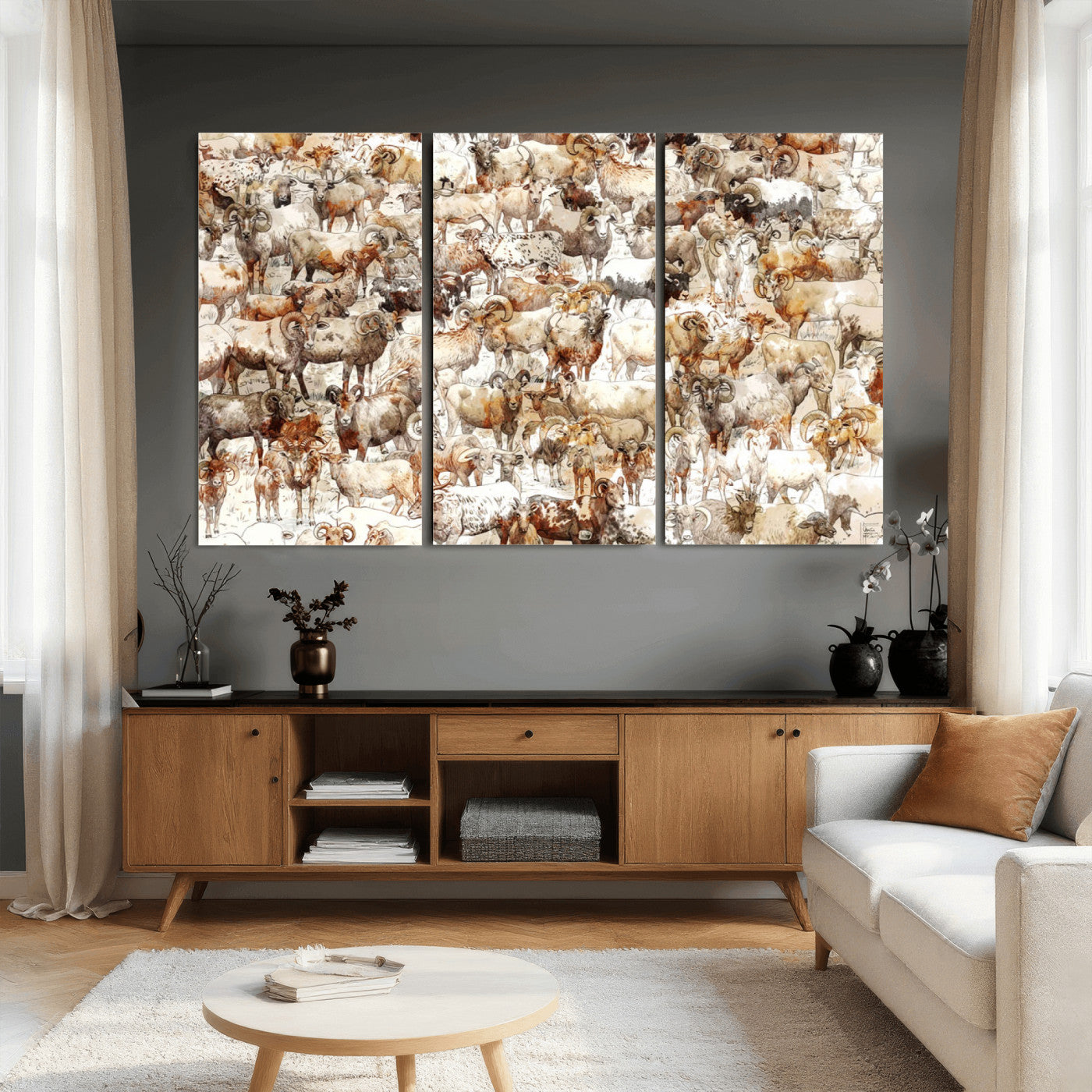 95103864-MGV-CV-36X24 - Farmhouse Animals Wall Art Canvas Print - Abstract Farm Animal Drawing Mid-Century Wall Art for Cabin Decor