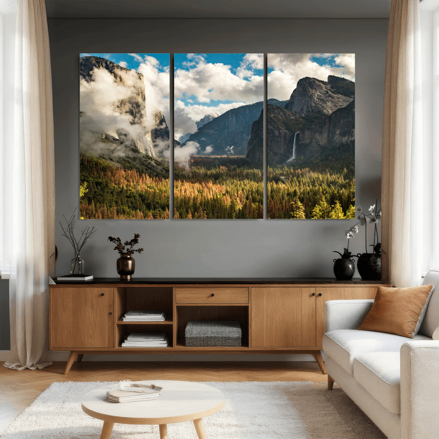 18271001-MGV-CV-36X24 - Yosemite Valley River Landscape Wall Art Canvas Print, Granite Cliffs Forest River Canvas Print, California National Park Moody Scenic Art Printi