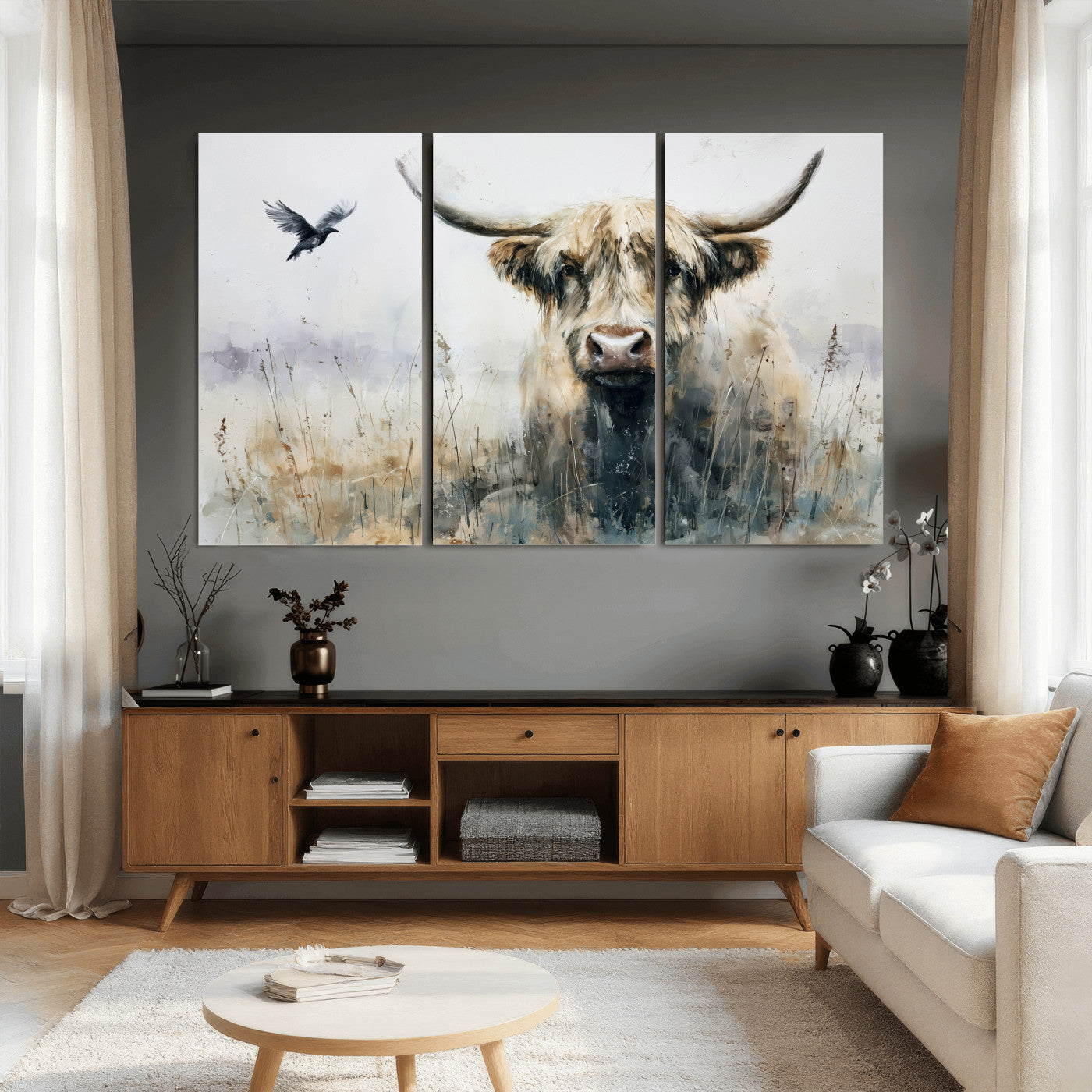 55652651-MGV-CV-36X24 - Abstract Highland Cow Watercolor Animal Wall Art Canvas Print, Rustic Farm Cattle Portrait Canvas Print, Neutral Wildlife Farmhouse Art Printing
