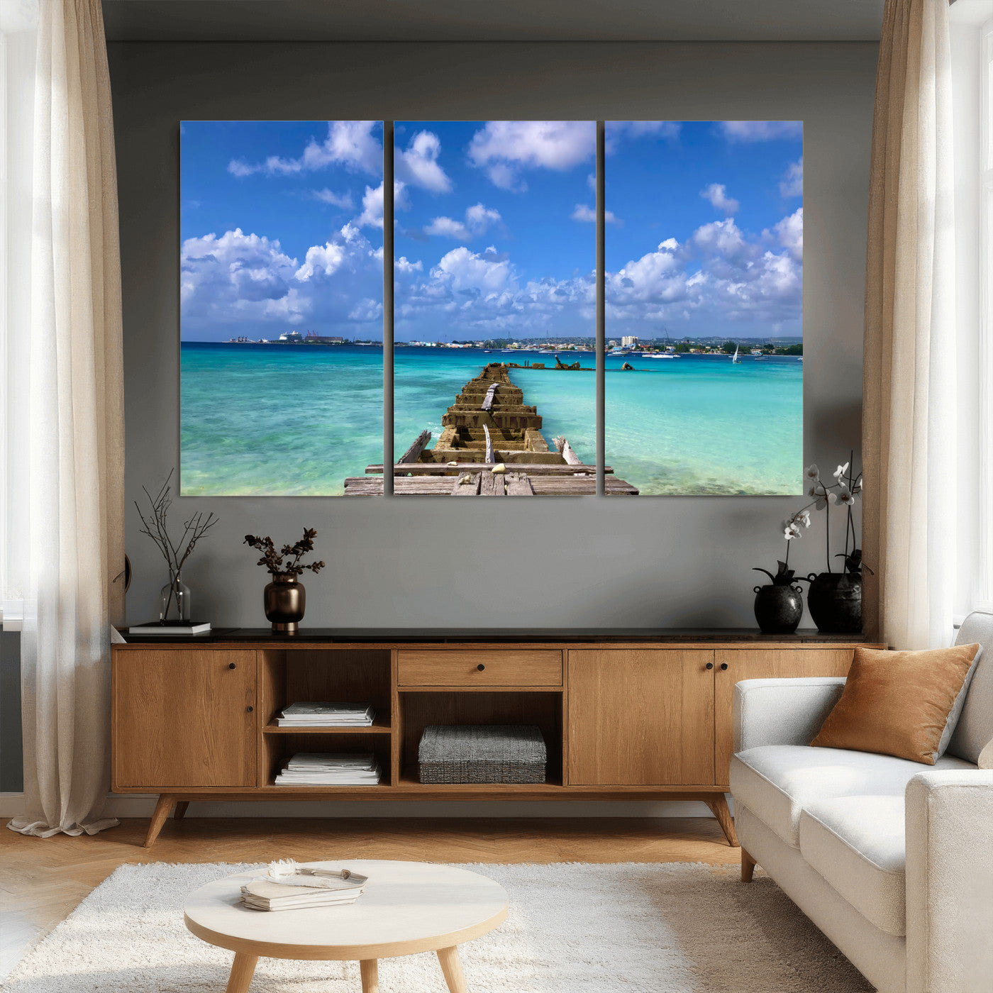 43165024-MGV-CV-36X24 - Caribbean Ocean Pier Seascape Wall Art Canvas Print, Turquoise Sea Tropical Harbor Canvas Print, Island Coastal Blue Water Scenic Art Printing