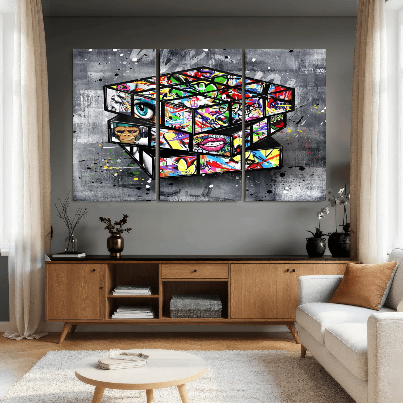 46789556-MGV-CV-36X24 - Graffiti Cube Abstract Street Art Wall Art Canvas Print, Colorful Urban Pop Art Geometric Canvas Print, Modern Street Art Contemporary Art Printing