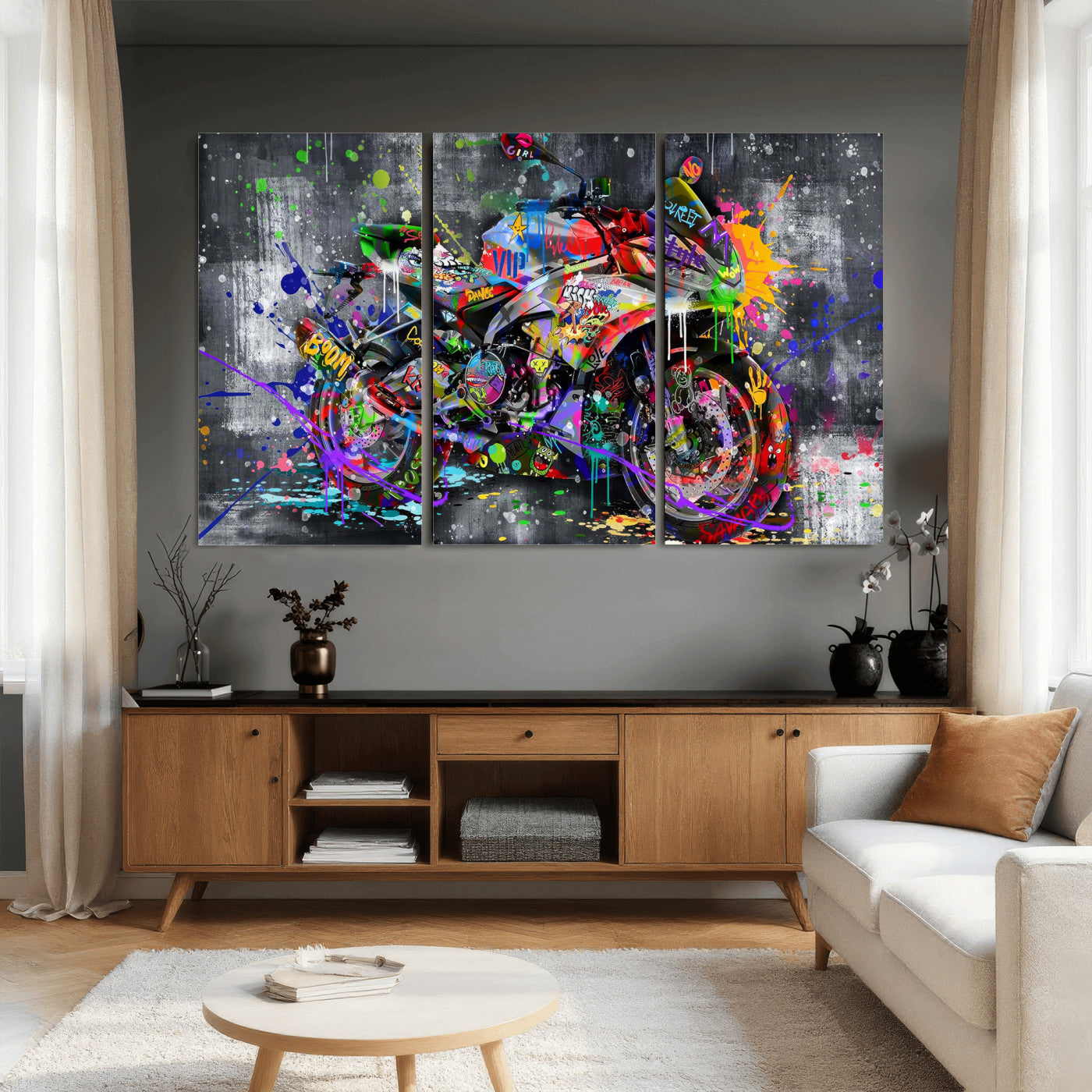 83021767-MGV-CV-36X24 - Graffiti Motorcycle Wall Art Canvas Print, Urban Street Art Motorbike Decor, Colorful Graffiti Sports Bike Artwork