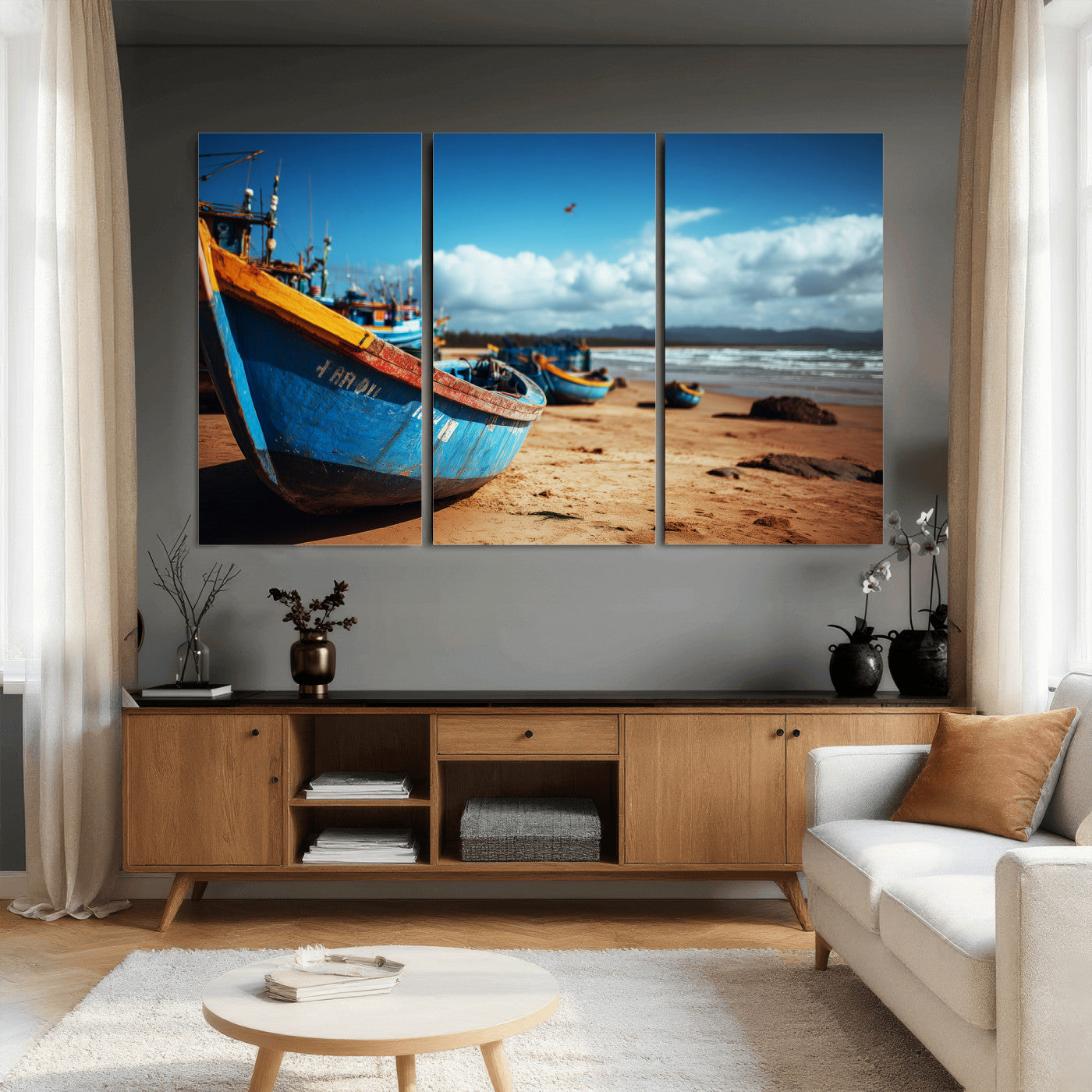 70925201-MGV-CV-36X24 - Fishing Boats Wall Art Canvas Print, Coastal Boat Beach Scene, Nautical Seaside Artwork, Ocean Shore Decor, Coastal Home Wall Art