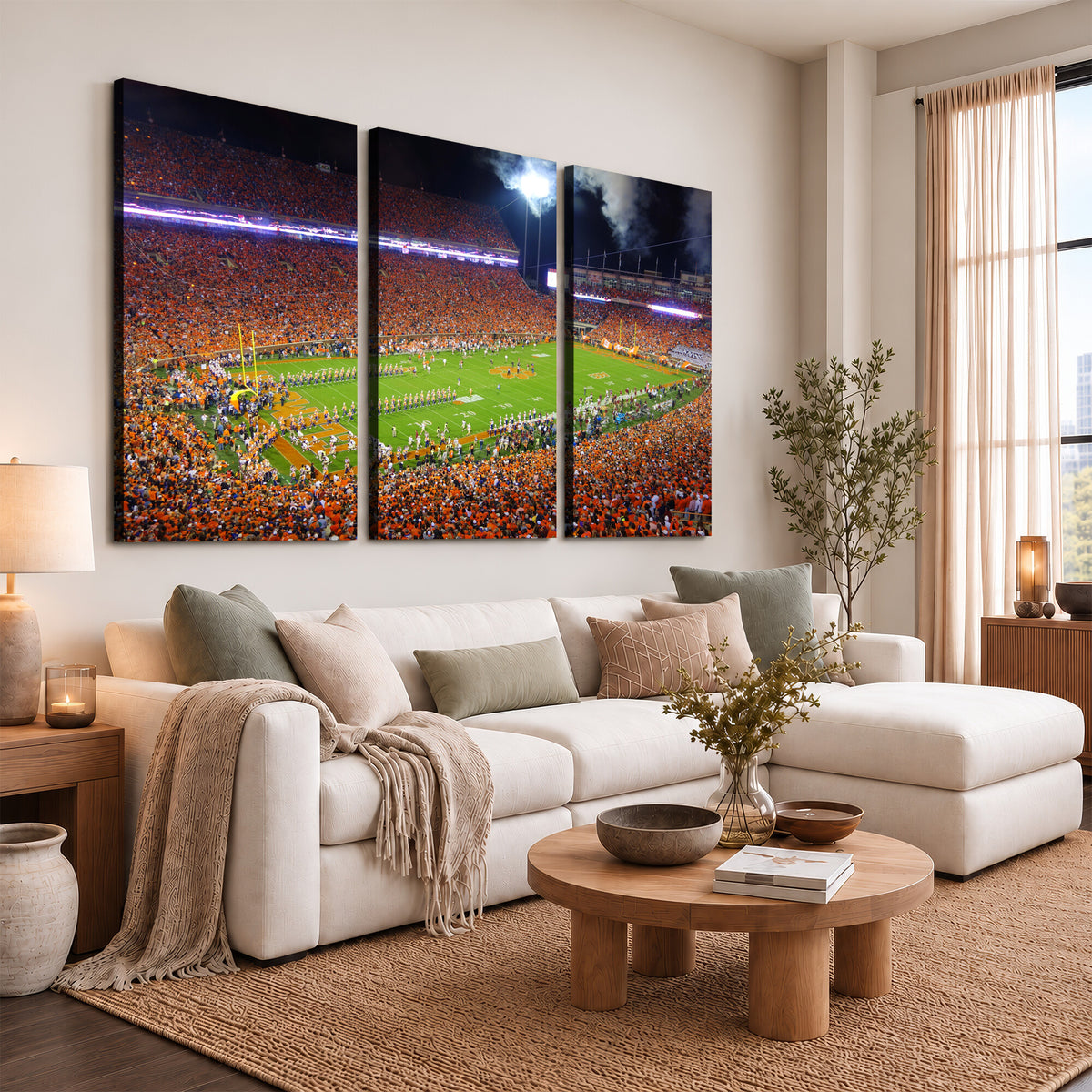 43662631-MGV-CV-36X24 - Clemson Football Stadium Wall Art Canvas Print, College Football Crowd Night Game Scene, Orange Stadium Panorama Wall Decor