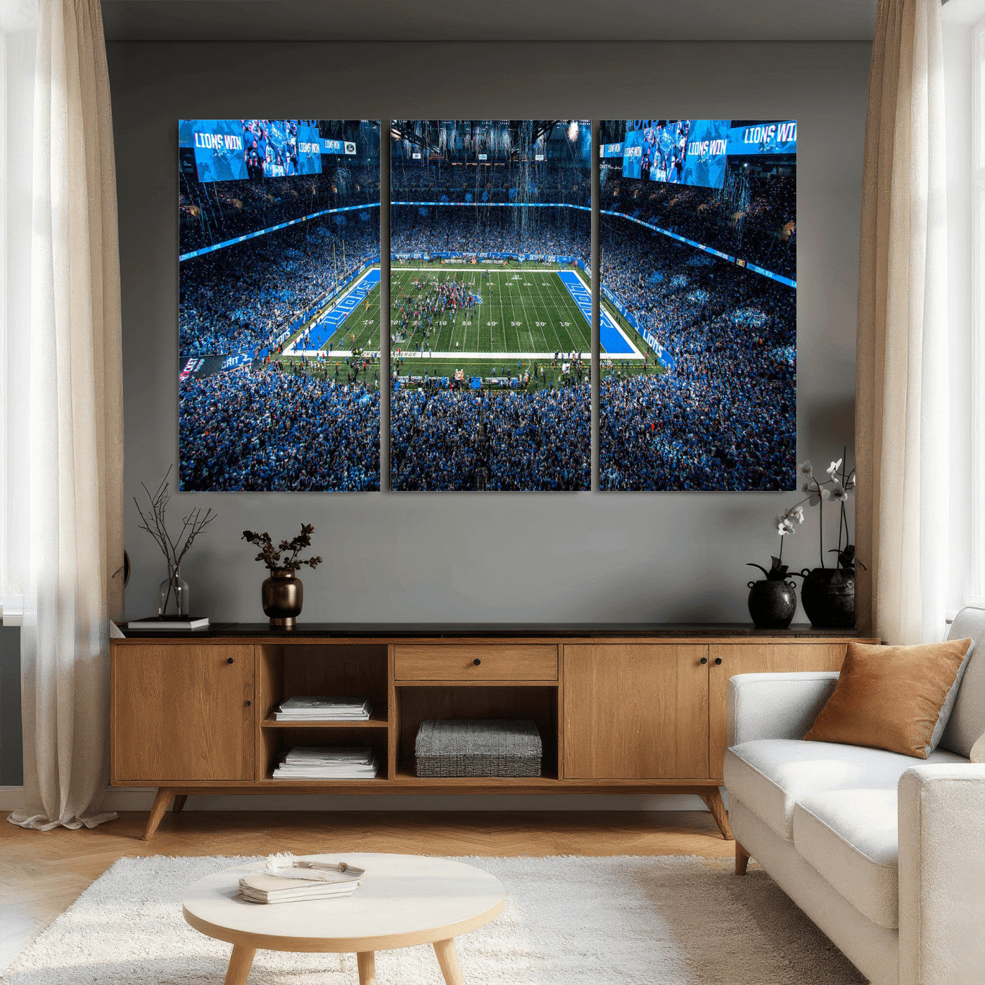 80882005-MGV-CV-36X24 - Detroit Lions Stadium Wall Art Canvas Print, Football Field Panorama Artwork, NFL Game Night Stadium Decor