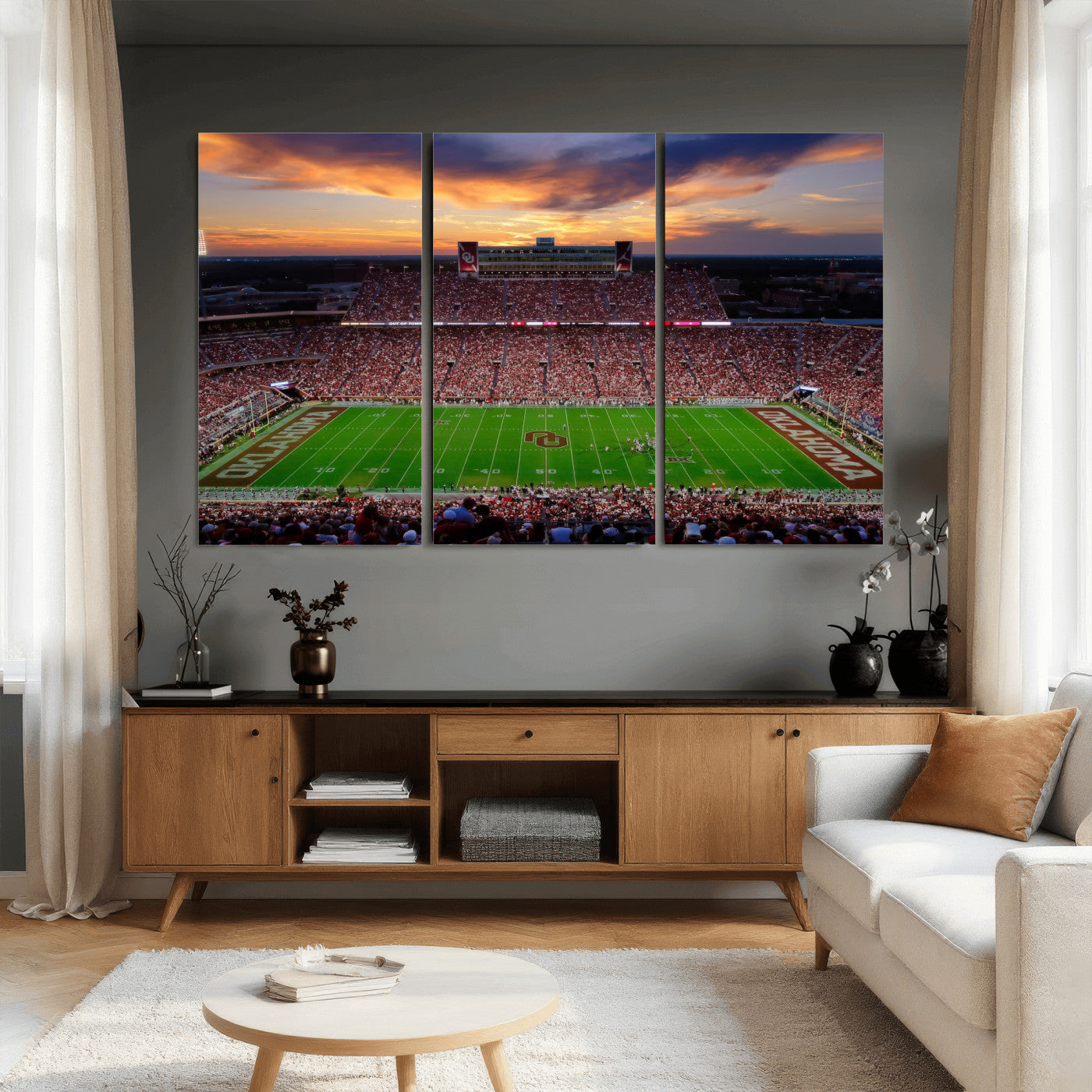 51457497-MGV-CV-36X24 - Oklahoma Sooners Stadium Wall Art Canvas Print, College Football Sunset Game Scene, OU Football Field Panorama Wall Decor