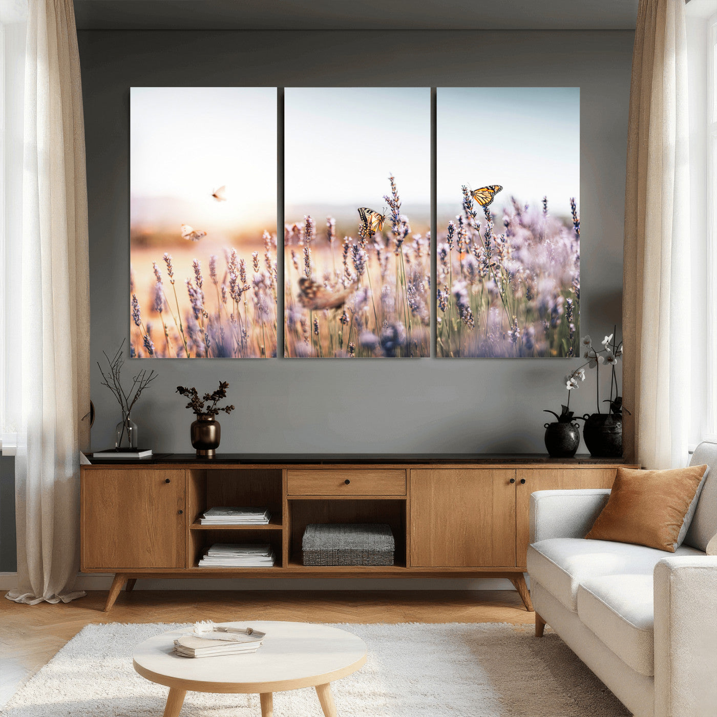 46417478-MGV-CV-36X24 - Lavender Field Wall Art Canvas Print, Butterfly Floral Landscape Art, Soft Nature Wall Decor for Bedroom