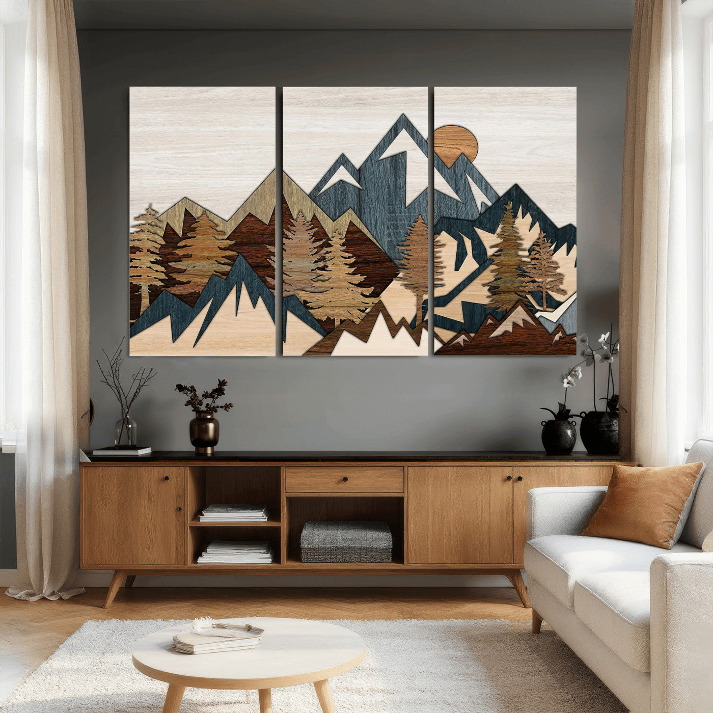 61833055-MGV-CV-36X24 - Mountain Forest Wall Art Canvas Print, Layered Wood Landscape Artwork, Rustic Nature Wall Decor for Living Room