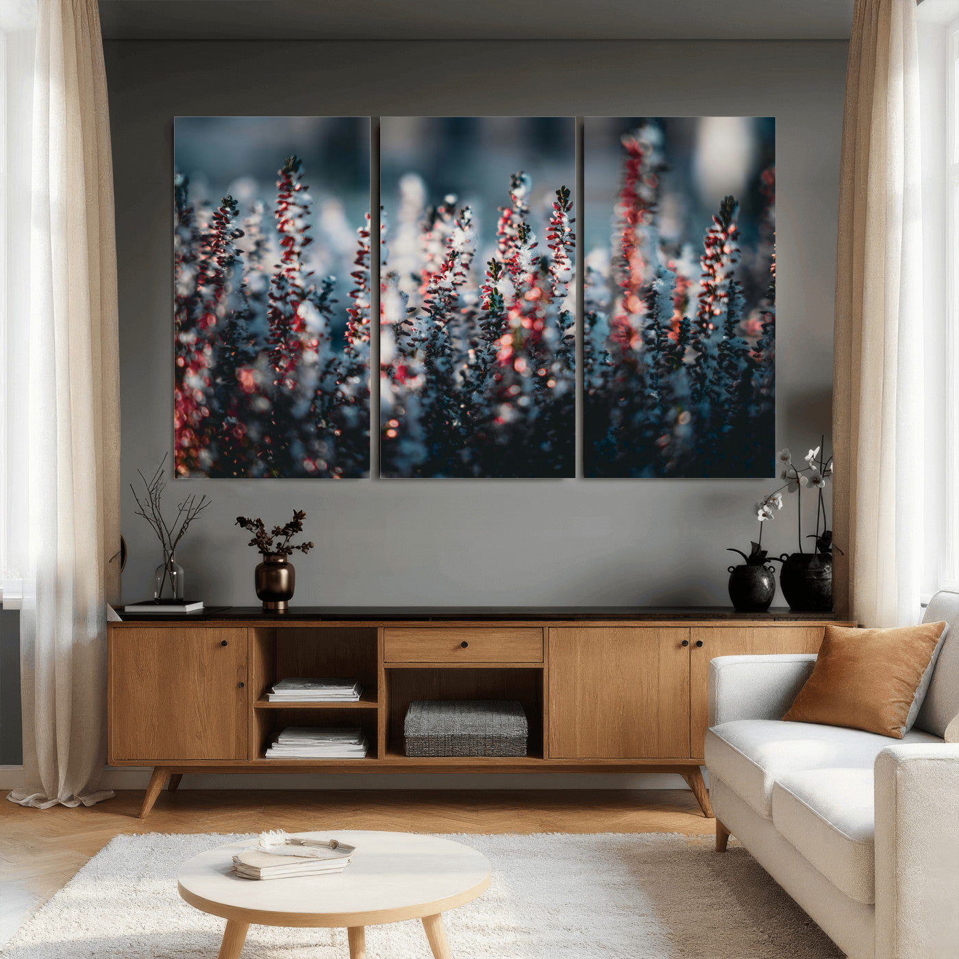 82063935-MGV-CV-36X24 - Winter Heather Wall Art Canvas Print, Frosted Floral Nature Art, Moody Botanical Wall Decor