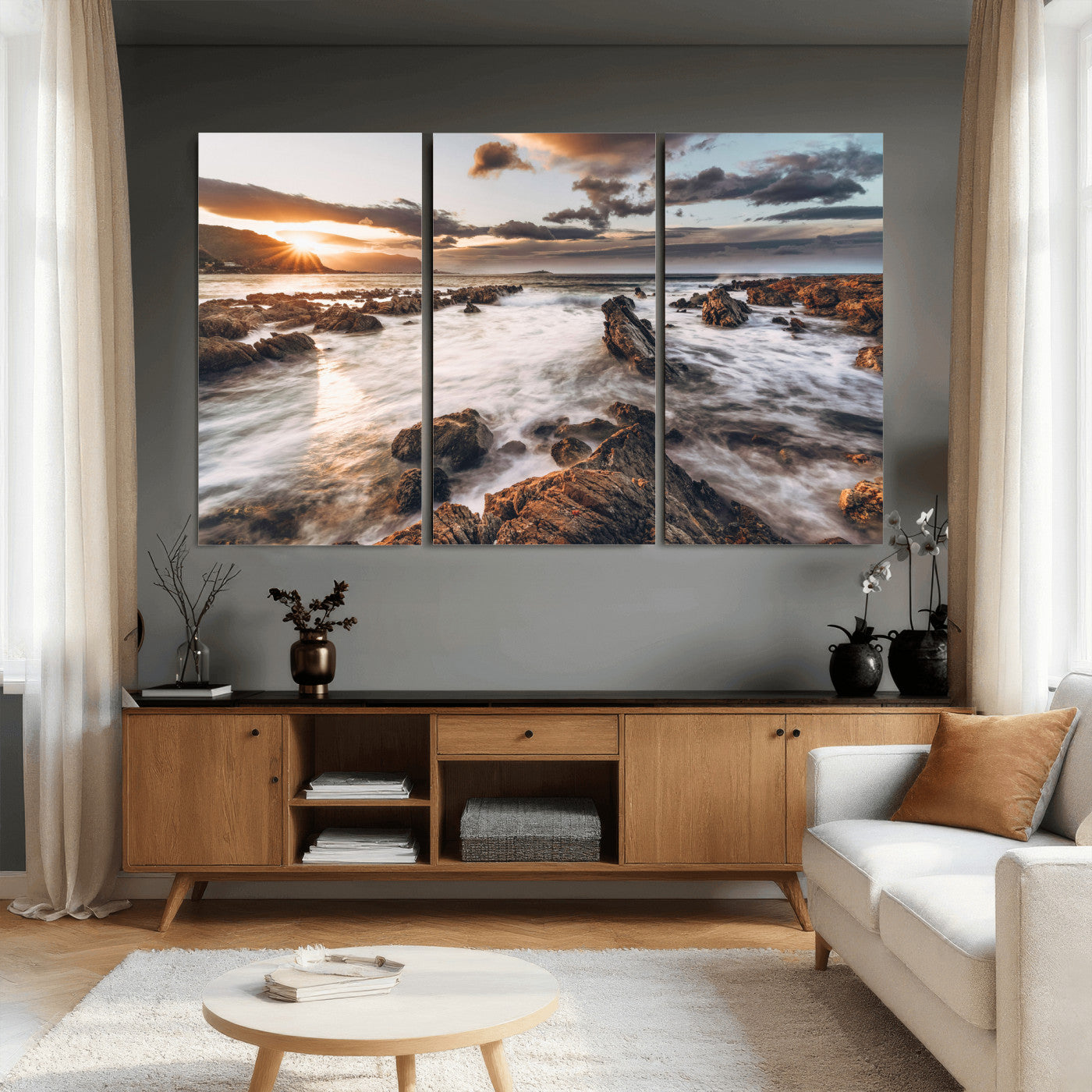 66746024-MGV-CV-36X24 - Rocky Coast Ocean Sunset Wall Art Canvas Print, Dramatic Seascape Nature Wall Decor for Living Room and Office