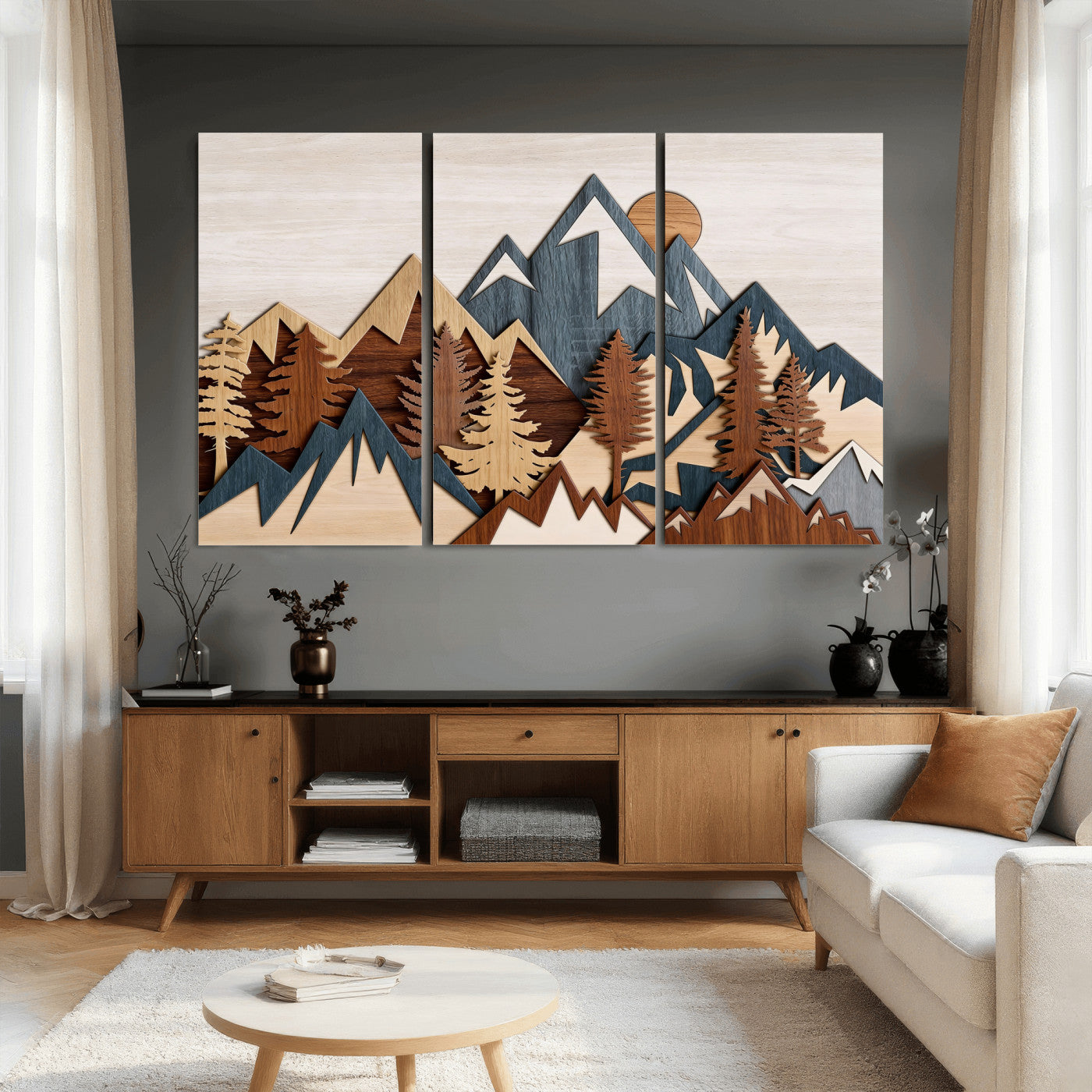 39888898-MGV-CV-36X24 - Layered Wooden Mountain Wall Art Canvas Print, Modern Rustic Forest and Pine Landscape Wall Decor
