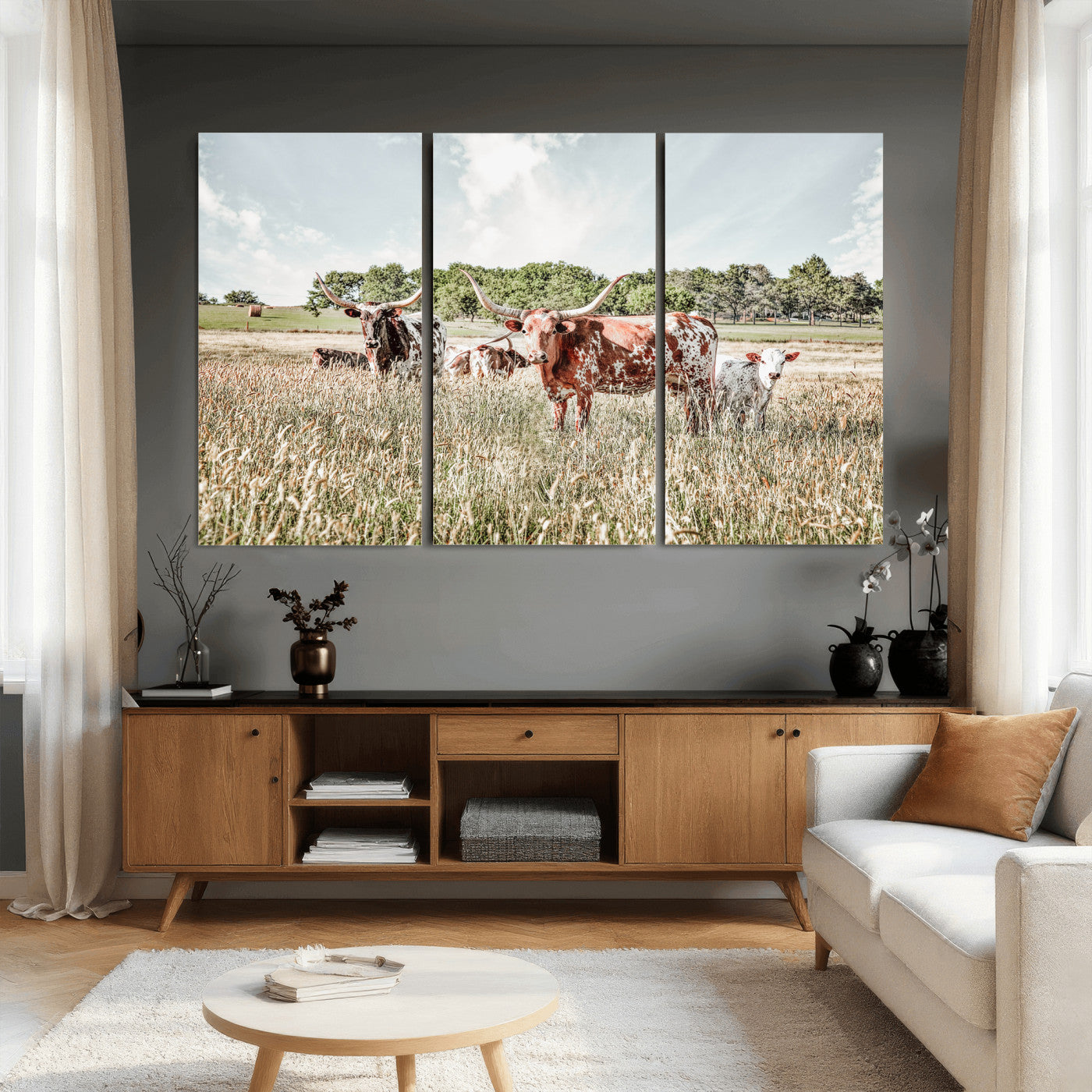 33963645-MGV-CV-36X24 - Texas Longhorn Cattle Wall Art Canvas Print, Western Ranch Landscape Nature Wall Decor for Living Room and Office