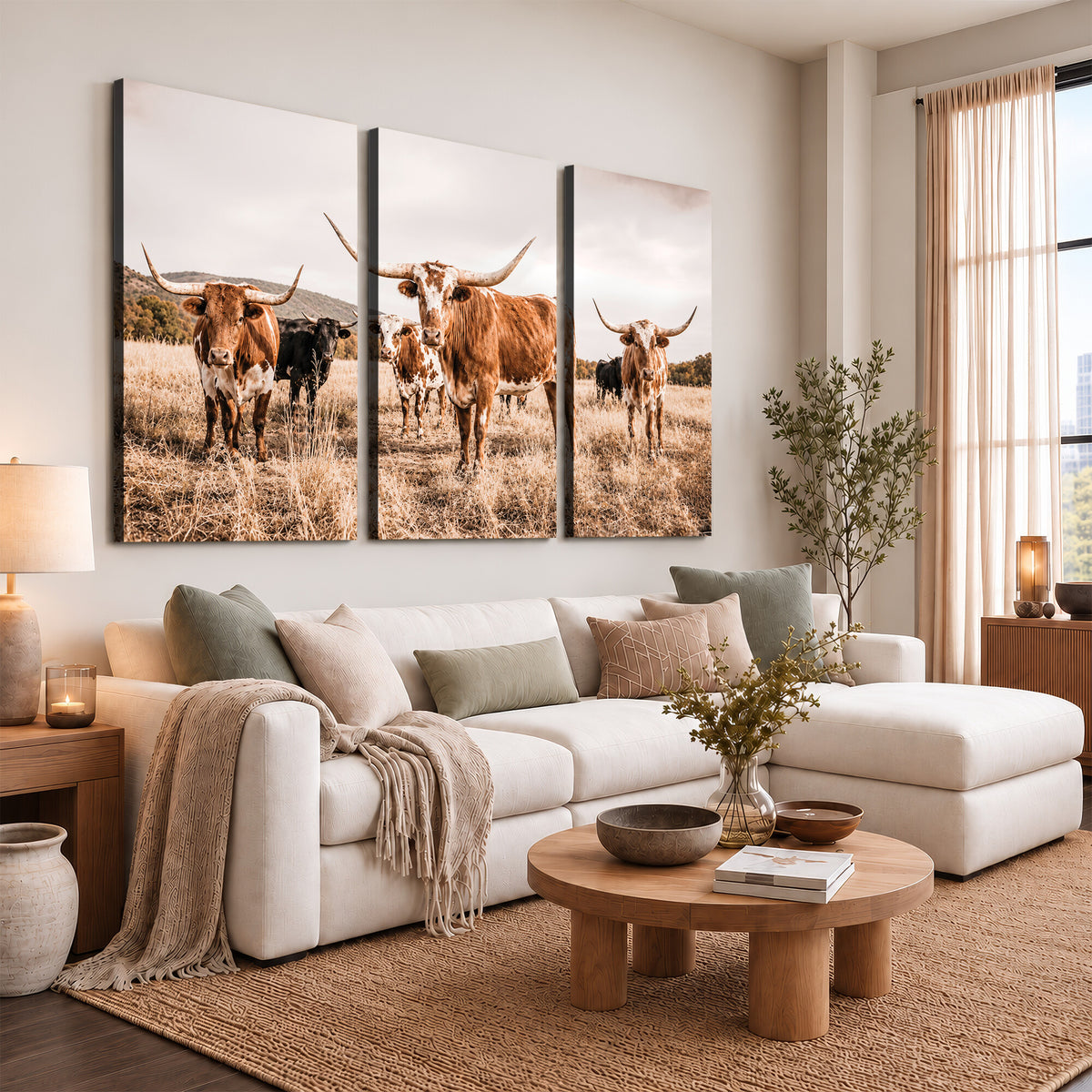 27539727-MGV-CV-36X24 - Texas Longhorn Cattle Wall Art Canvas Print, Sepia Western Decor