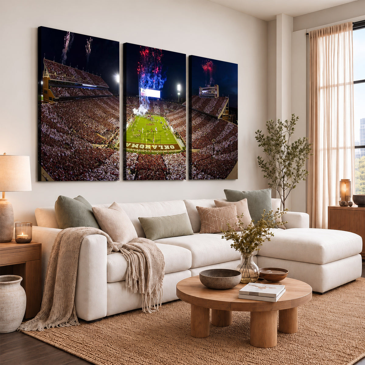 43197777-MGV-CV-36X24 - Oklahoma Memorial Stadium Wall Art Canvas Print – Oklahoma Sooners Football Artwork for Home, Office, and Sports Room Decor